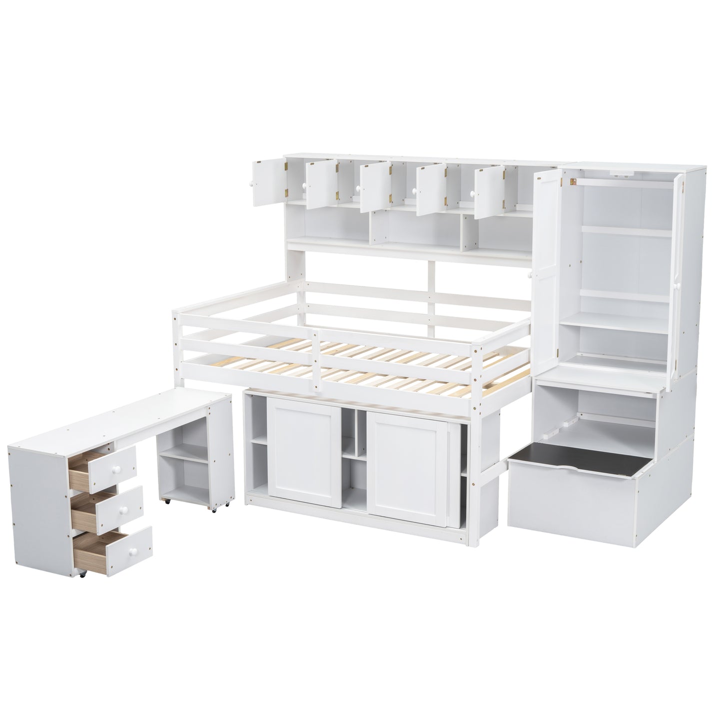 White loft bed frame with integrated desk and storage cabinets for kids room