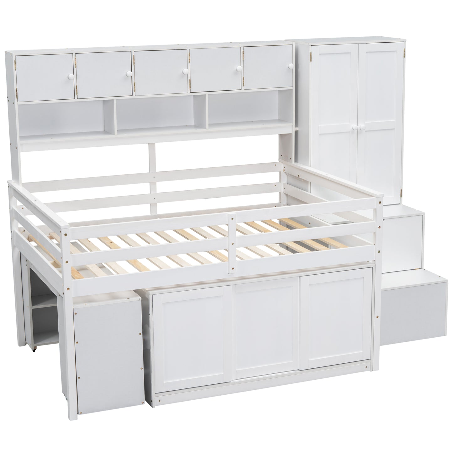 White loft bed with integrated storage cabinets and wardrobe for a childs bedroom