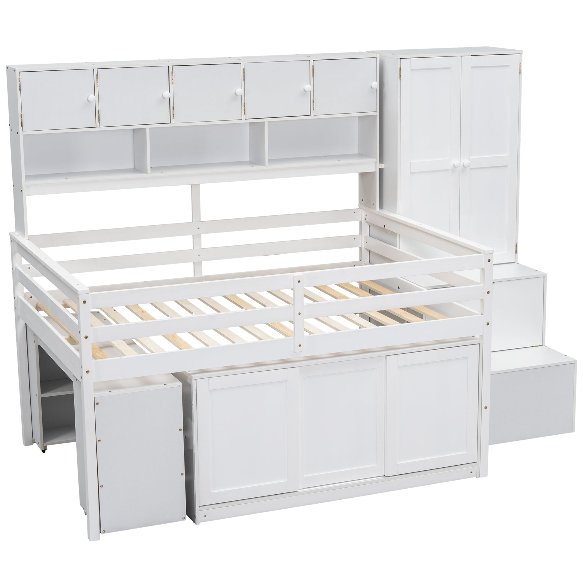 White loft bed with integrated storage cabinets and wardrobe for a childs bedroom