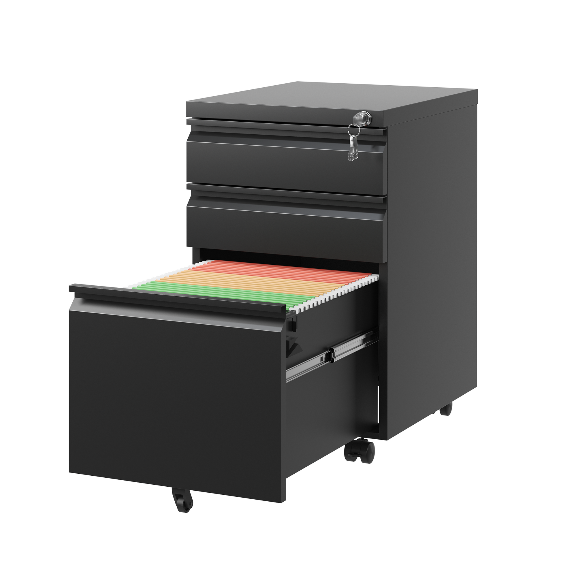 Black metal mobile pedestal file cabinet with three drawers and colorful hanging files