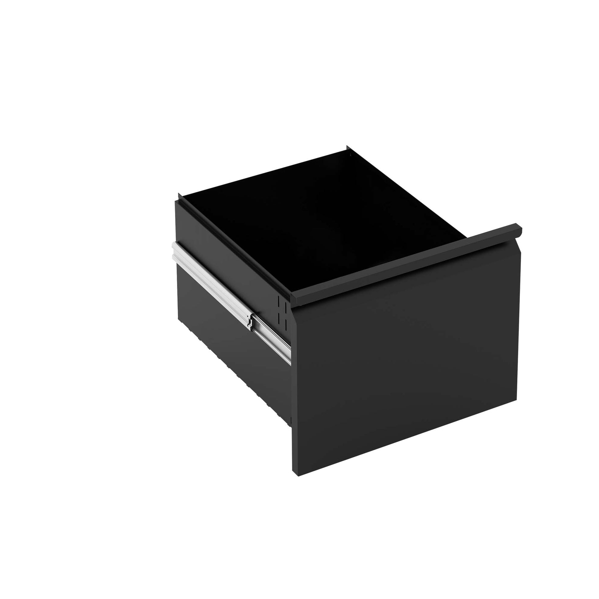 Sleek black metal drawer with integrated silver slide ideal for modern desk organization