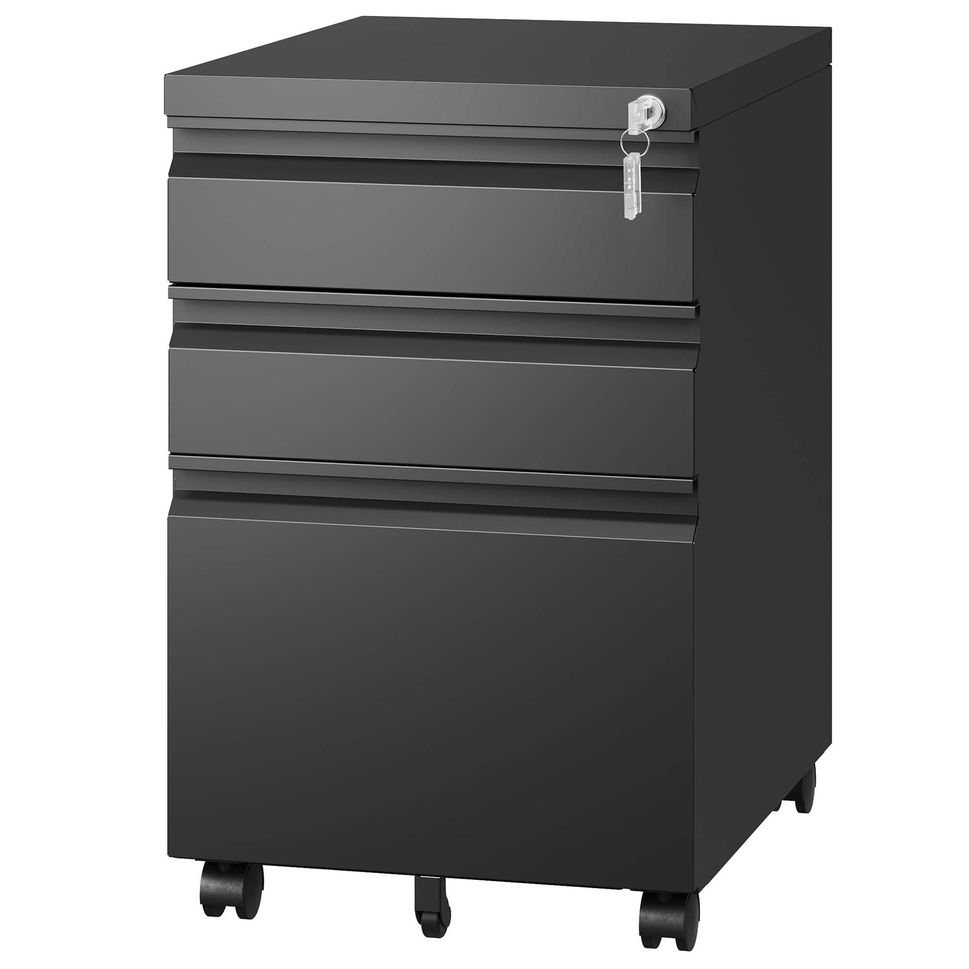 Sleek black metal filing cabinet with three drawers and casters for easy mobility