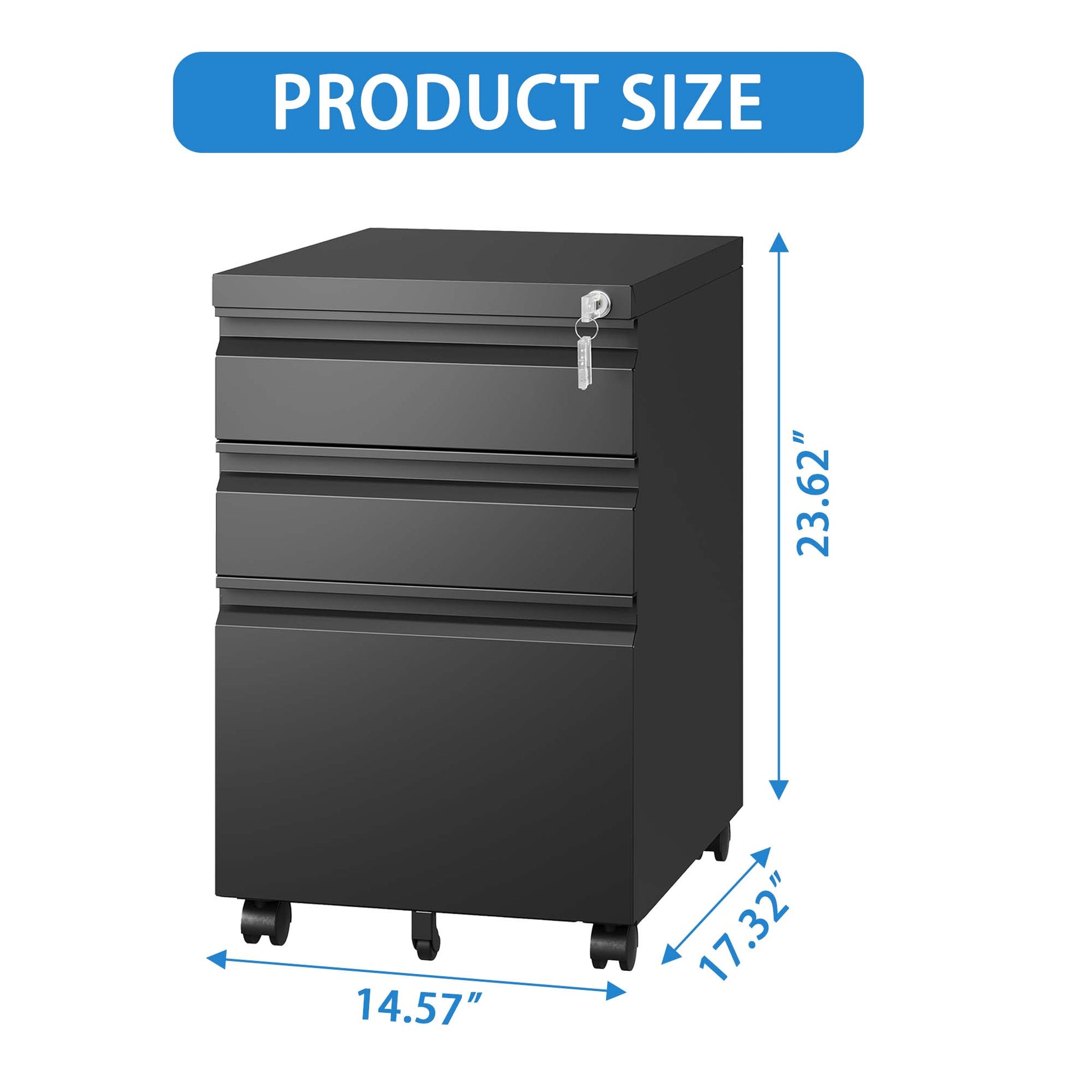 Black metal mobile file cabinet with three drawers and key lock W
