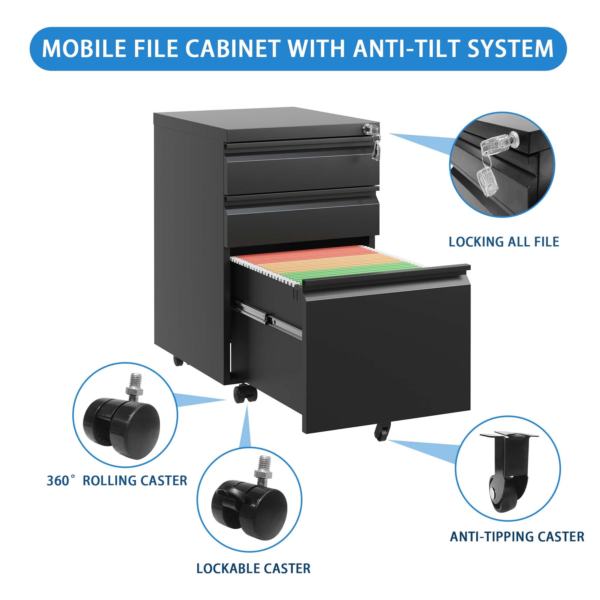 Black metal mobile file cabinet with three drawers and fullextension glides for ample storage
