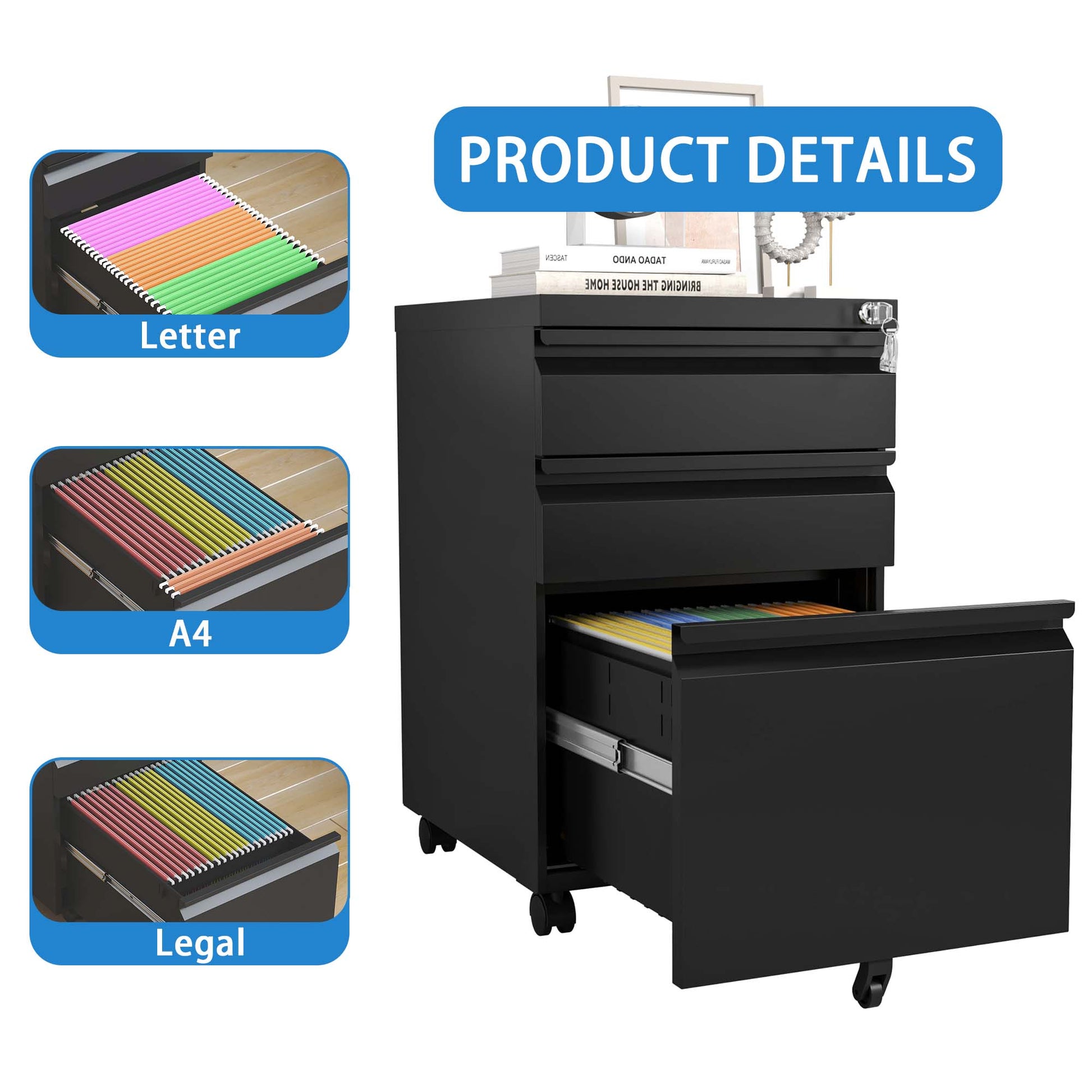 Black metal filing cabinet with lettersized hanging files in pink orange and green