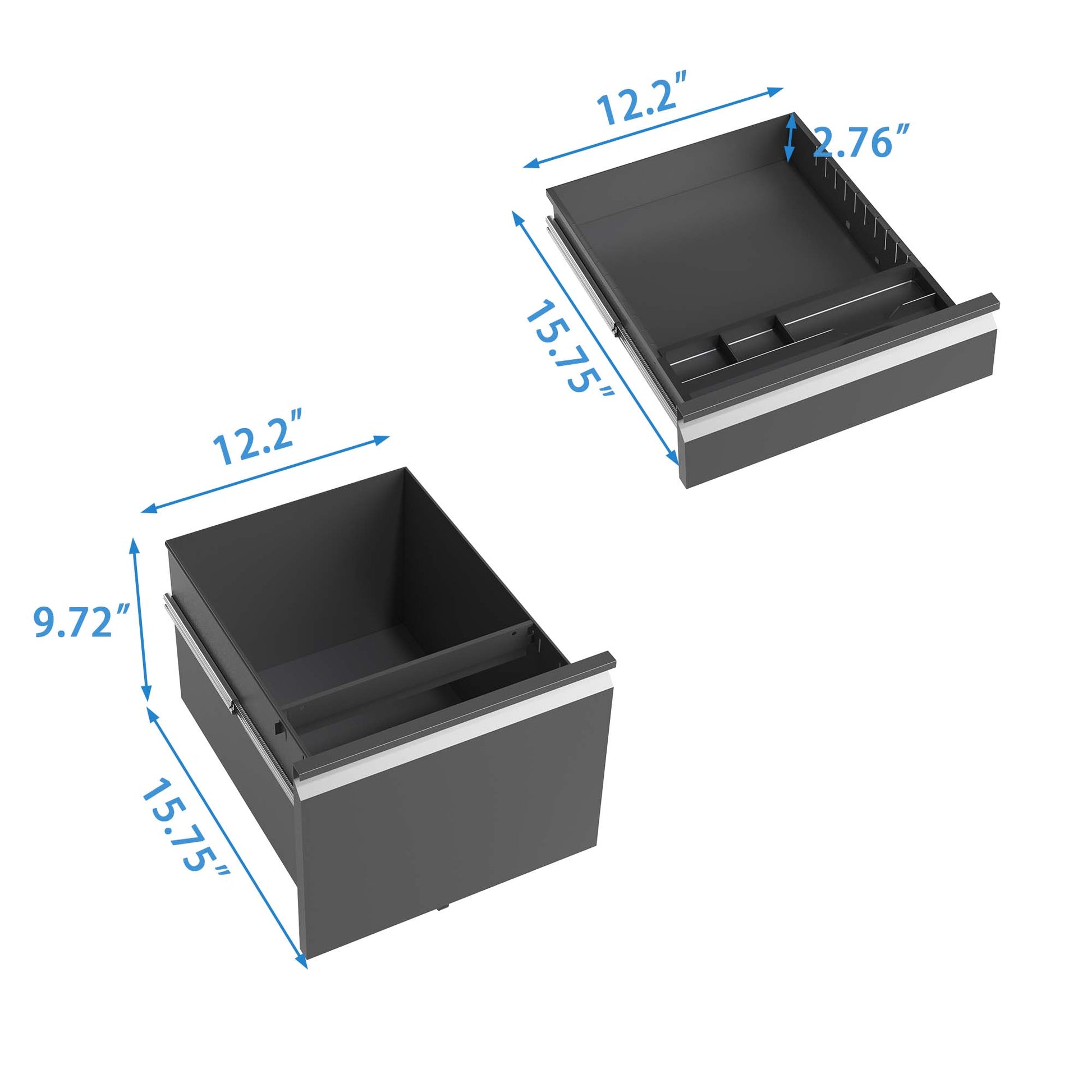 Dark gray metal drawer organizer with adjustable dividers  wide  deep