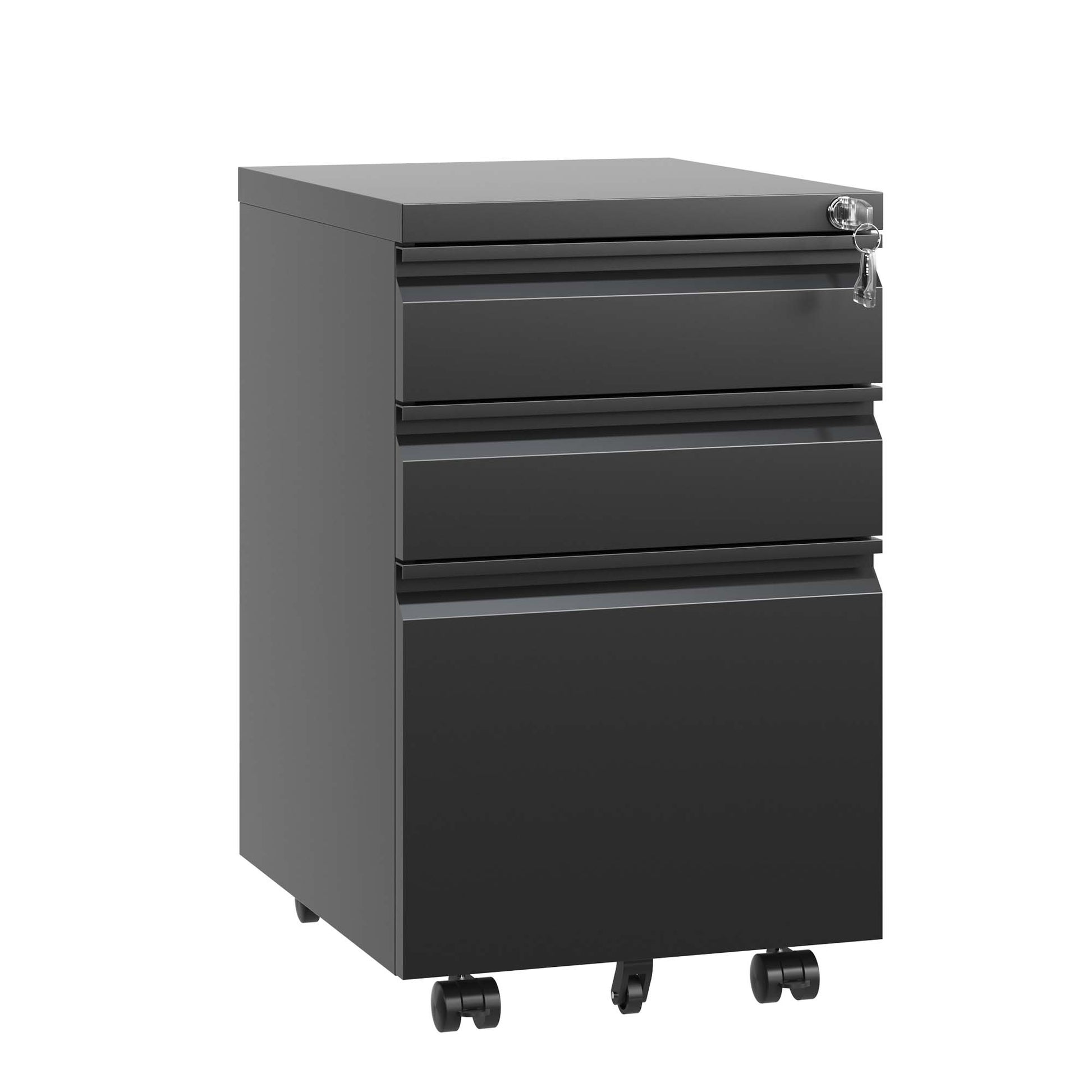 Charcoal gray metal filing cabinet with three drawers and rolling casters perfect for office storage