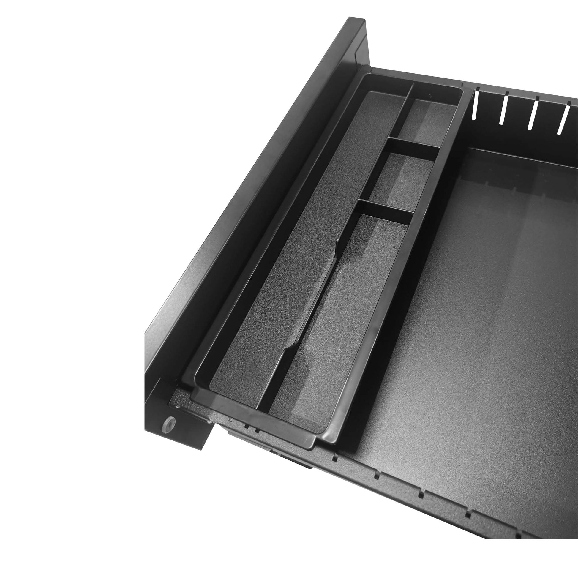 Black metal cash drawer insert with multiple compartments for bills and coins