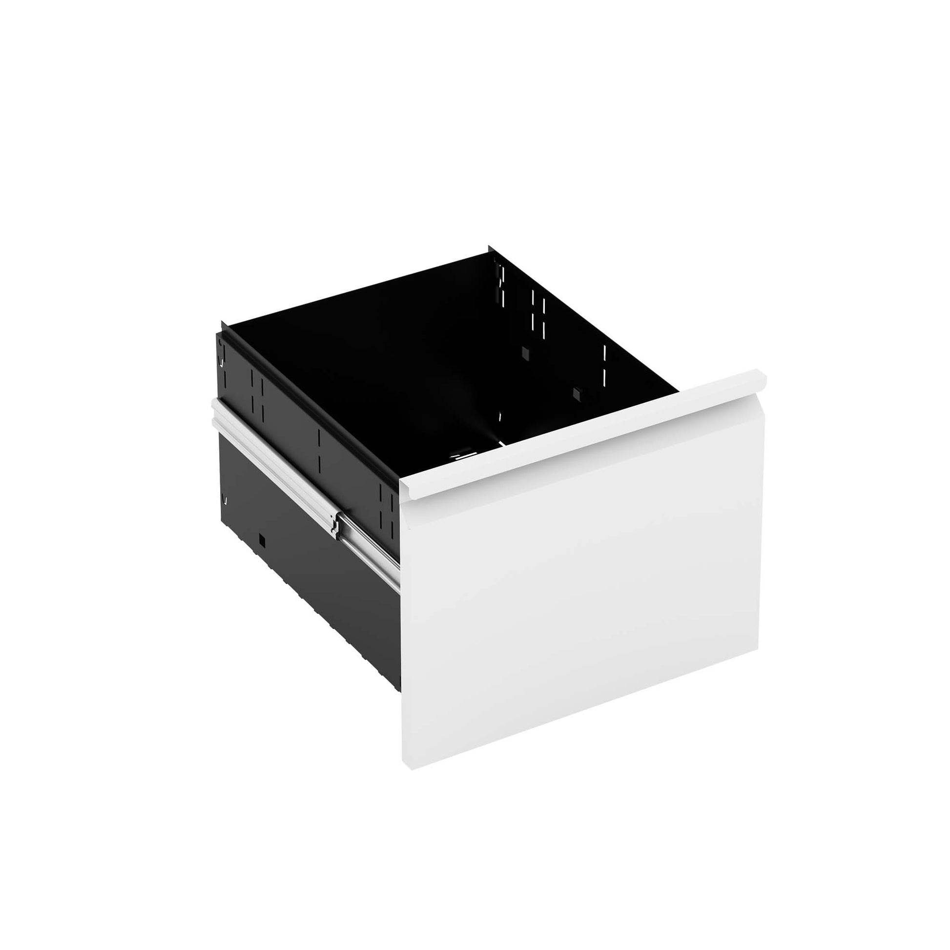Modern white handleless drawer box with black interior and metal runners