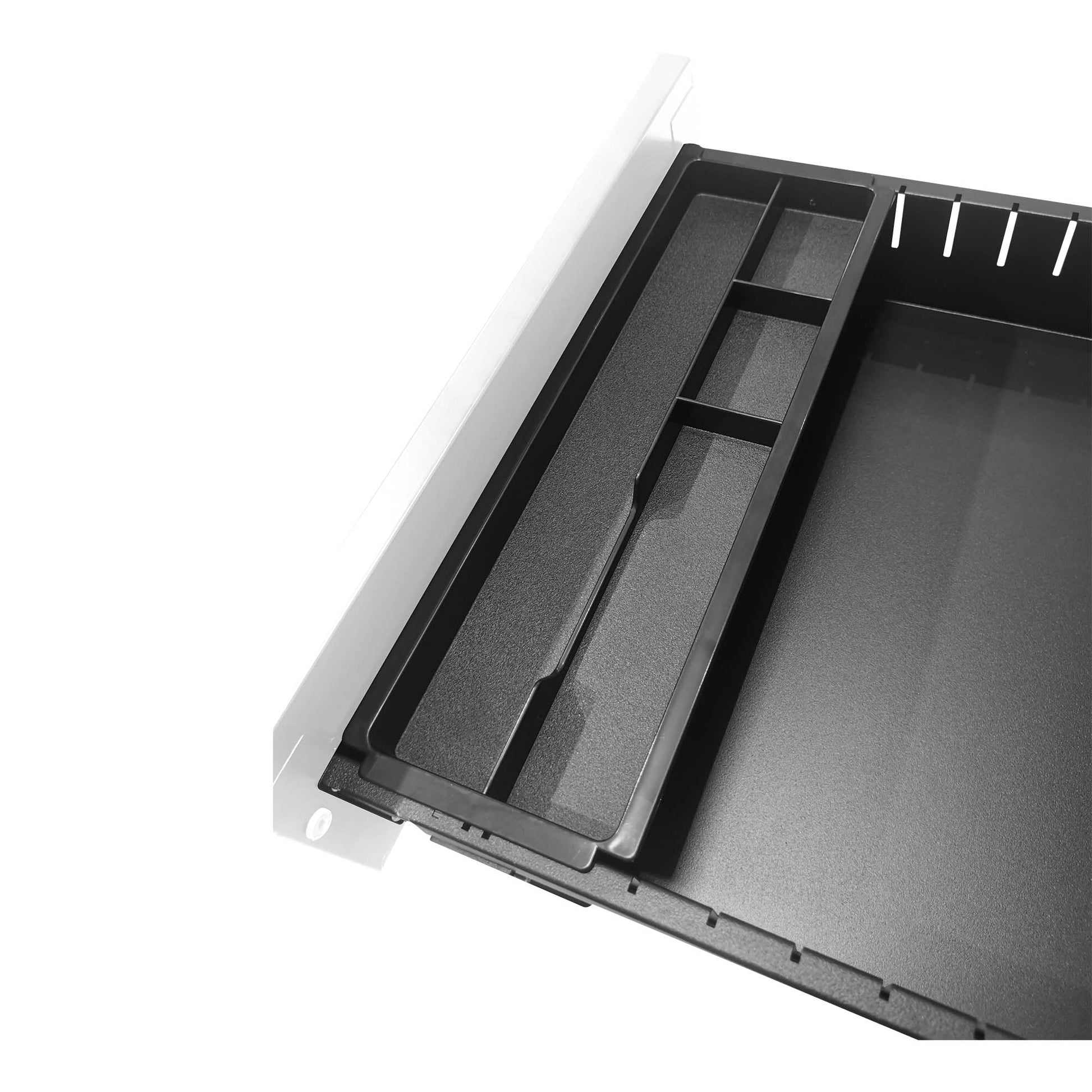 Black plastic office desk organizer tray with multiple compartments for pens and supplies