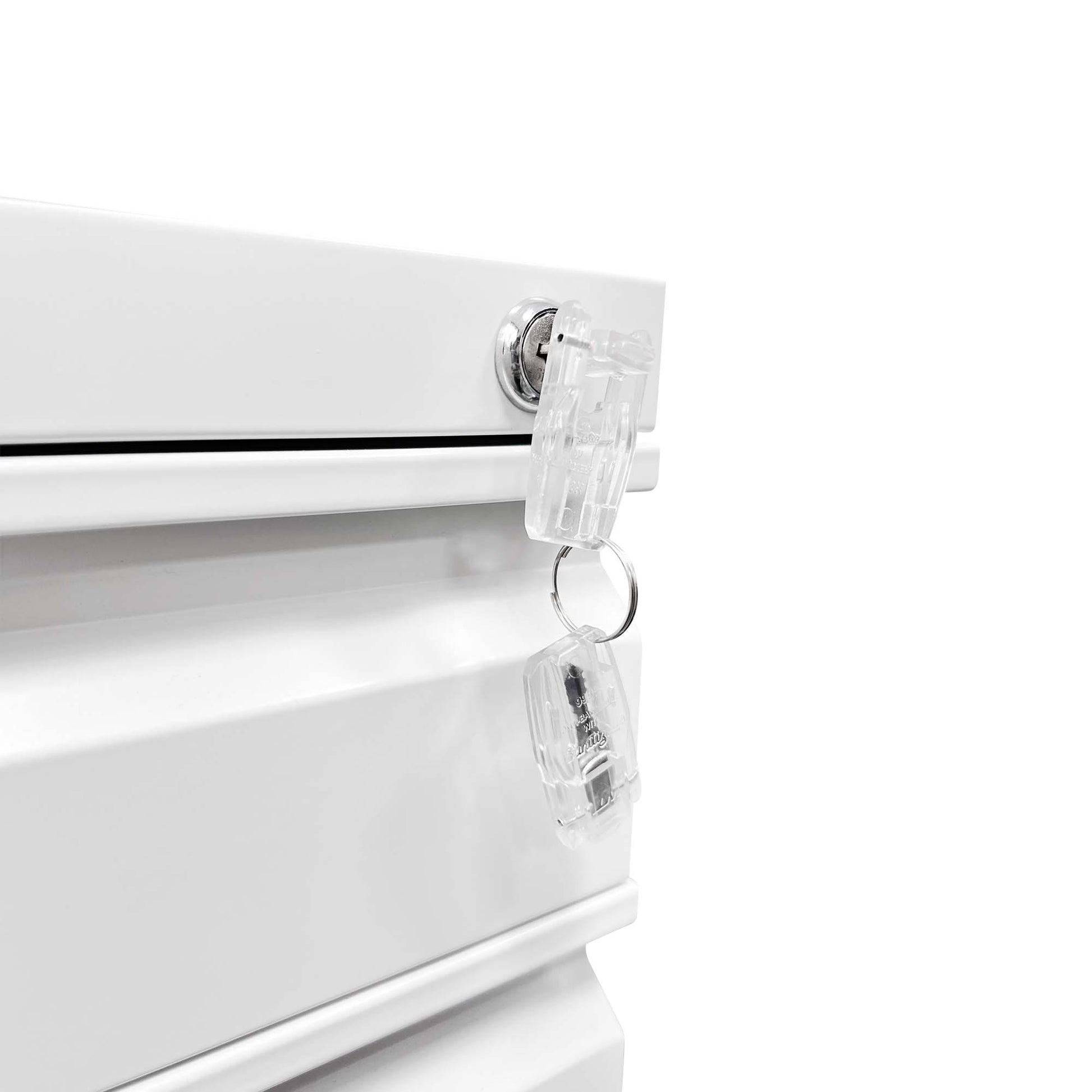 White metal filing cabinet with a silver lock and two clear plastic security tags