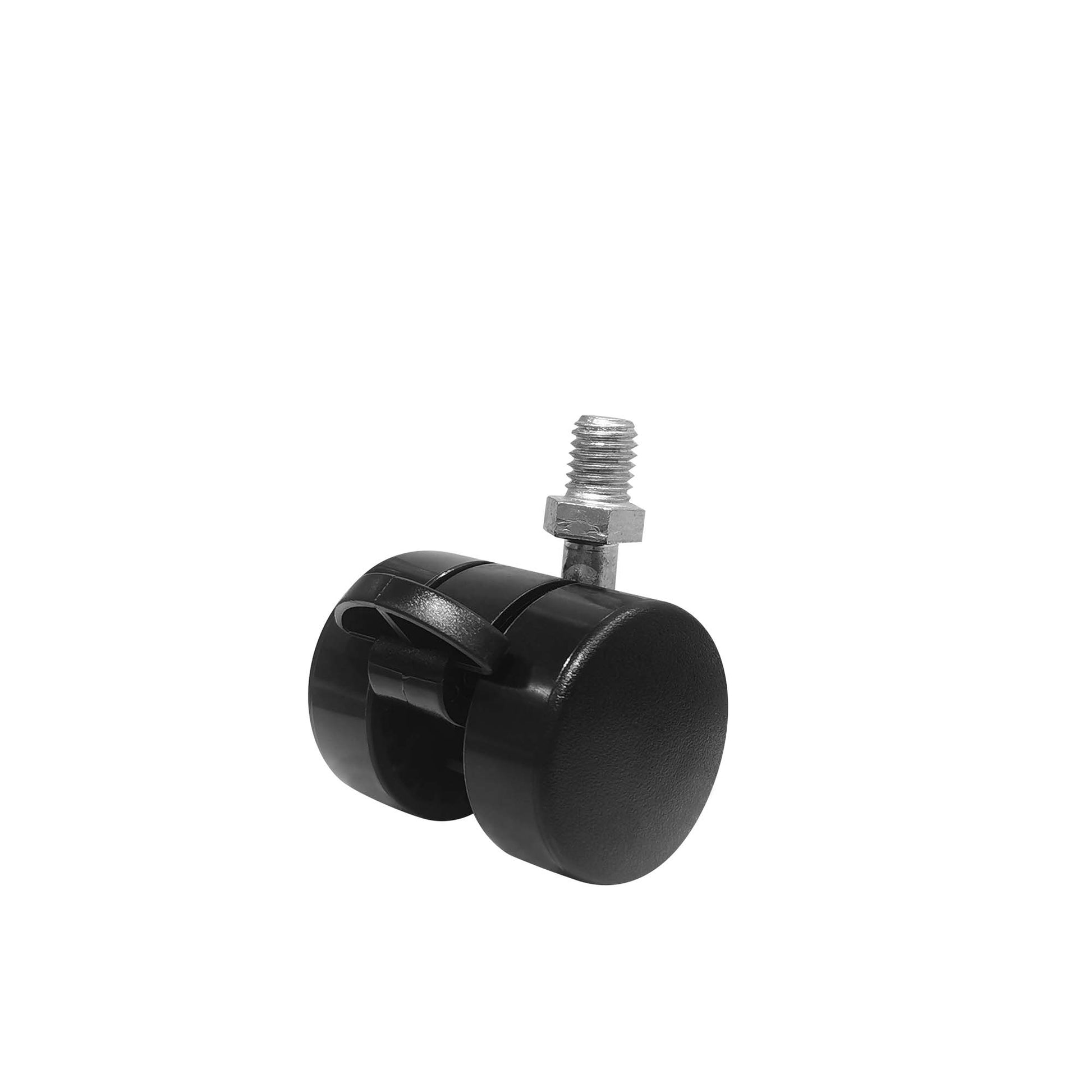 Black twin wheel caster with threaded bolt for furniture