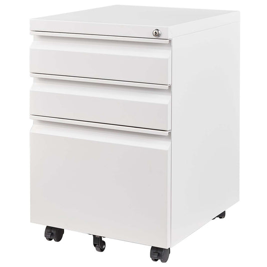 White drawer mobile pedestal file cabinet with lock perfect for office organization