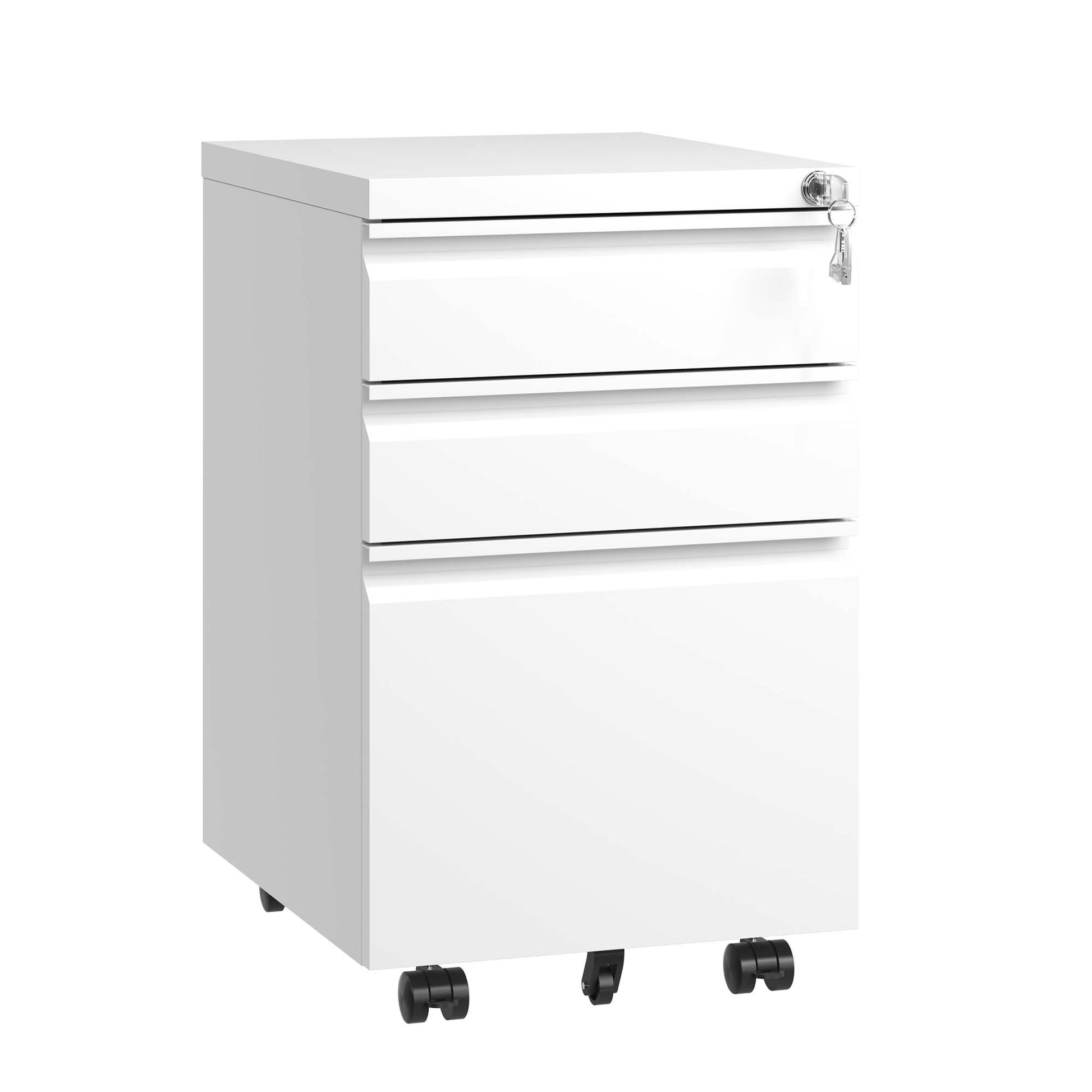 White metal filing cabinet with three drawers and a lock