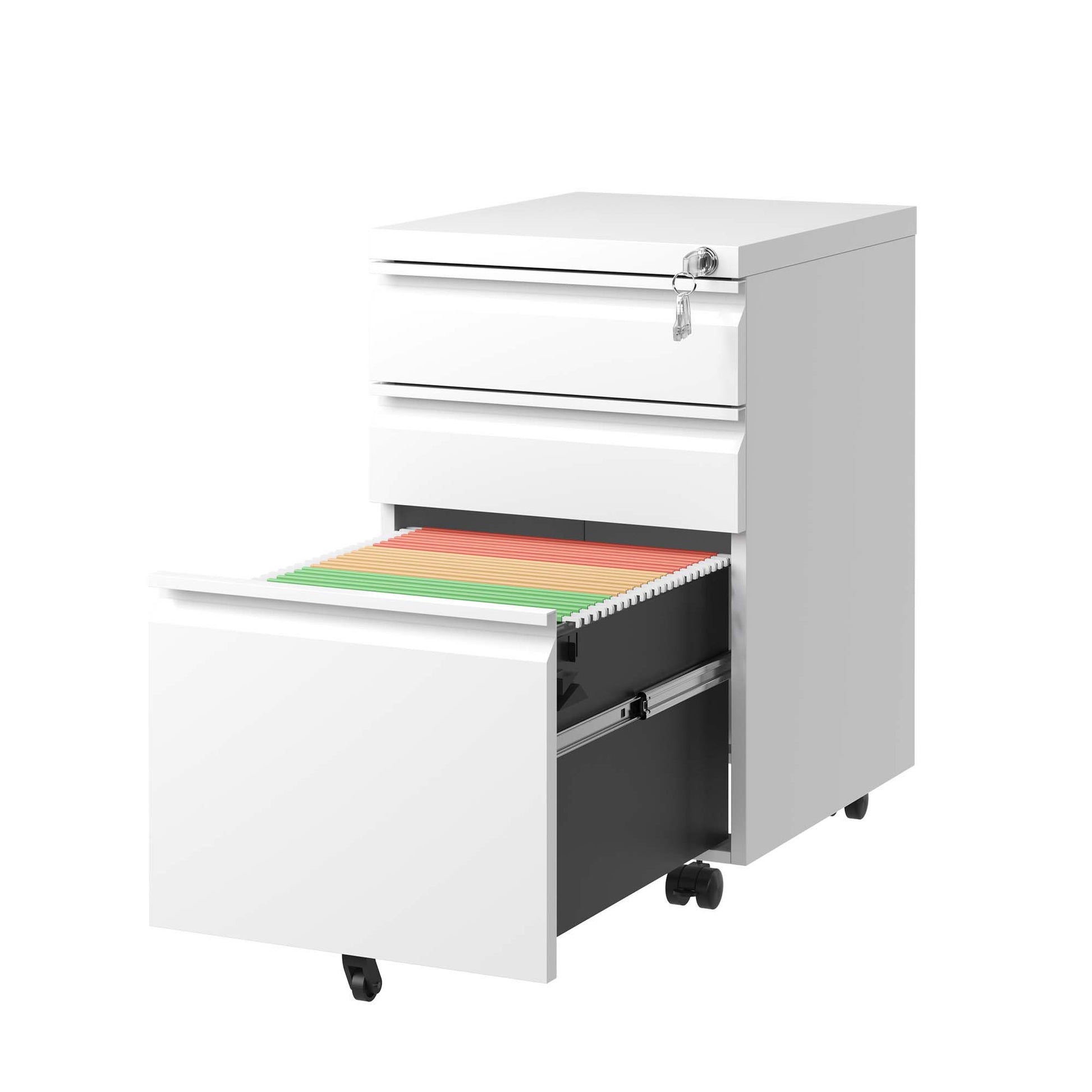 White drawer mobile file cabinet with key lock and open drawer showing colorful hanging folders
