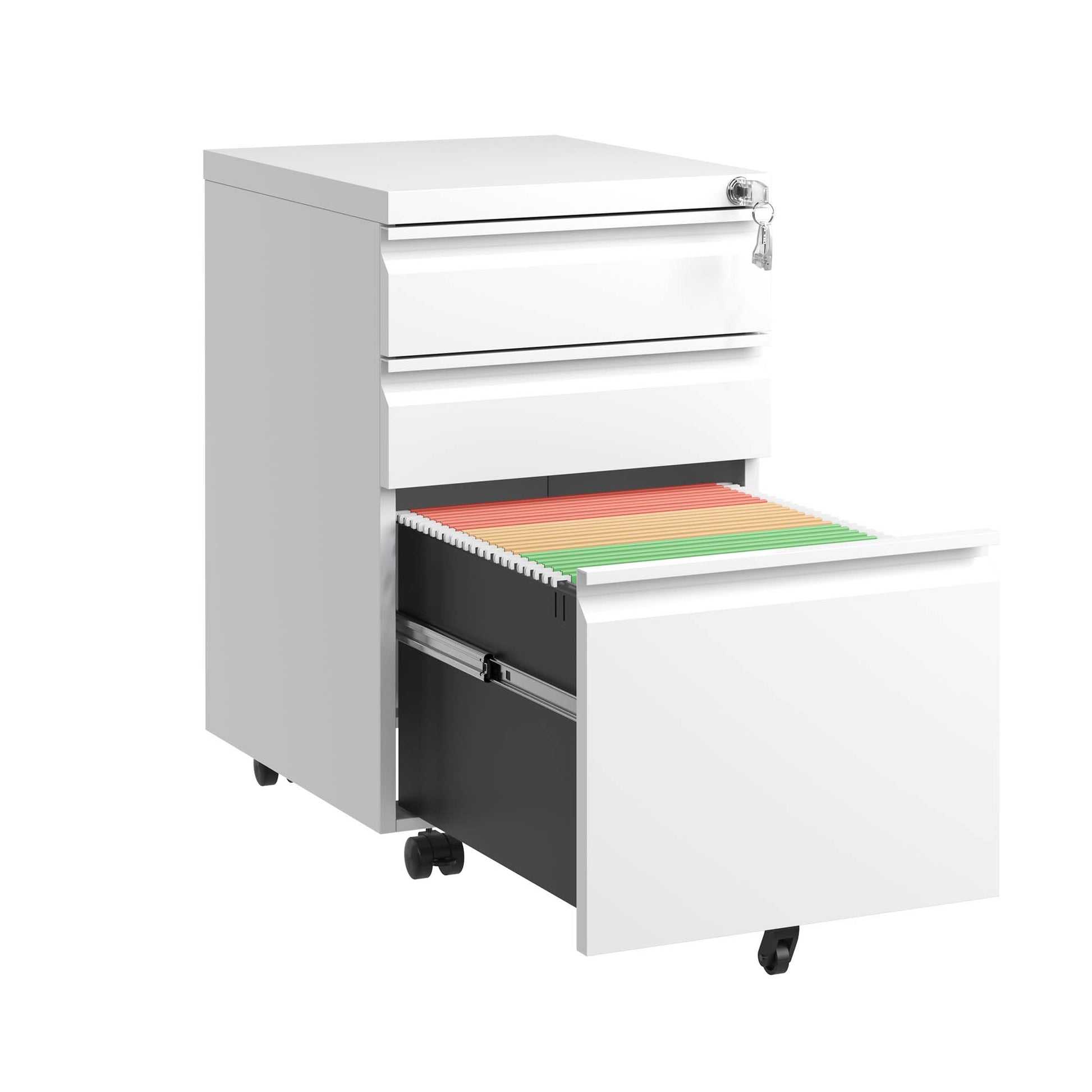 White drawer mobile file cabinet with a lock and colorful hanging files exposed