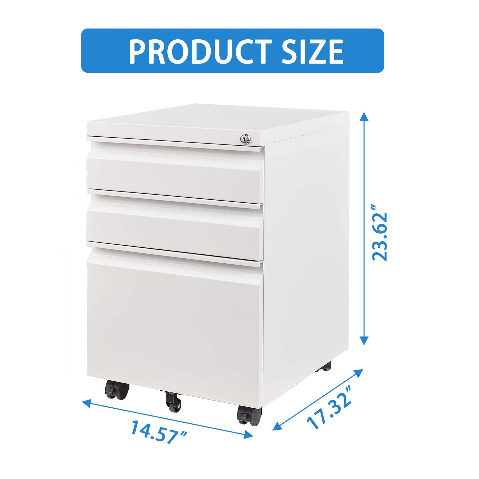 White drawer mobile pedestal filing cabinet with lock and casters  H x  W x  D