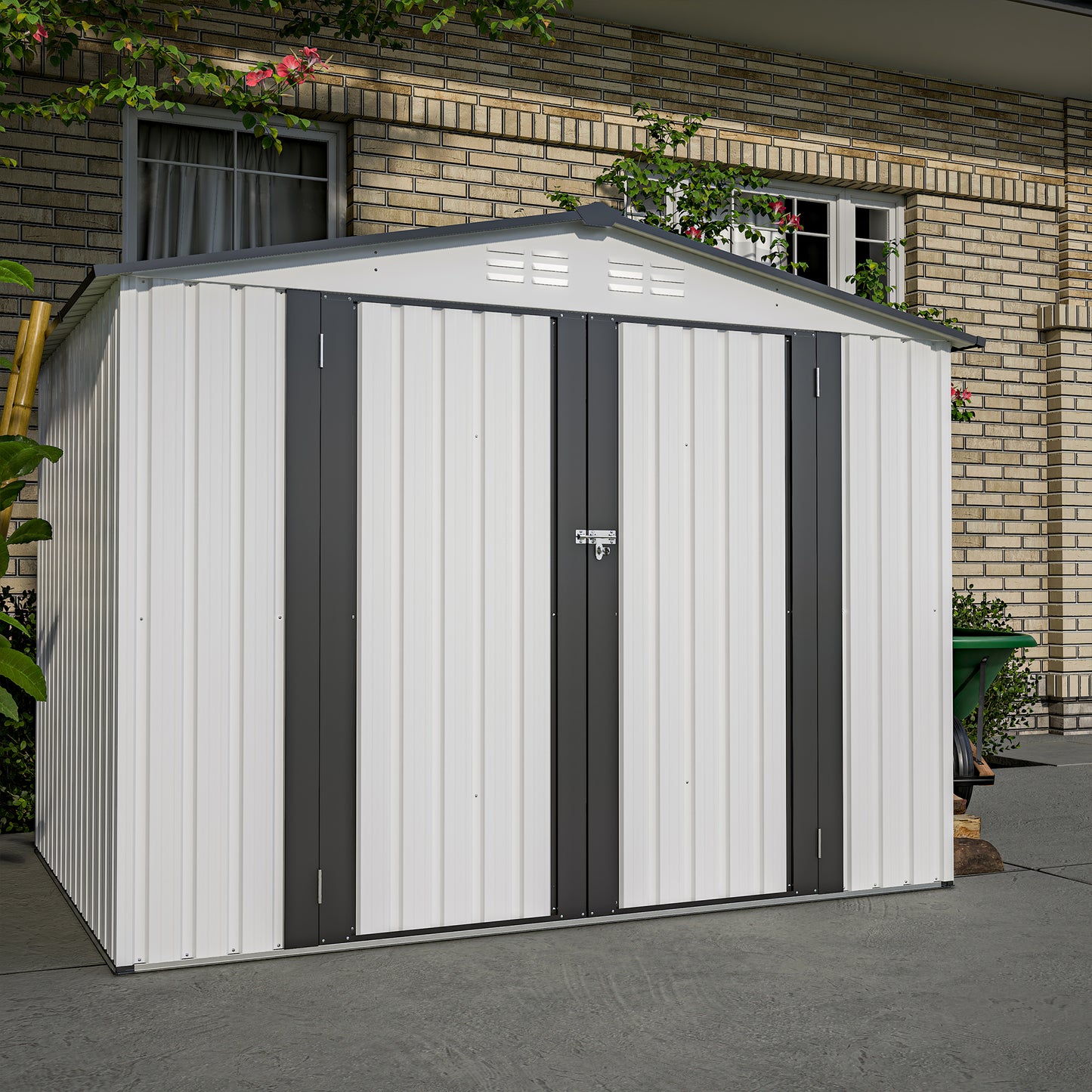 White metal storage shed with double doors ideal for garden tools