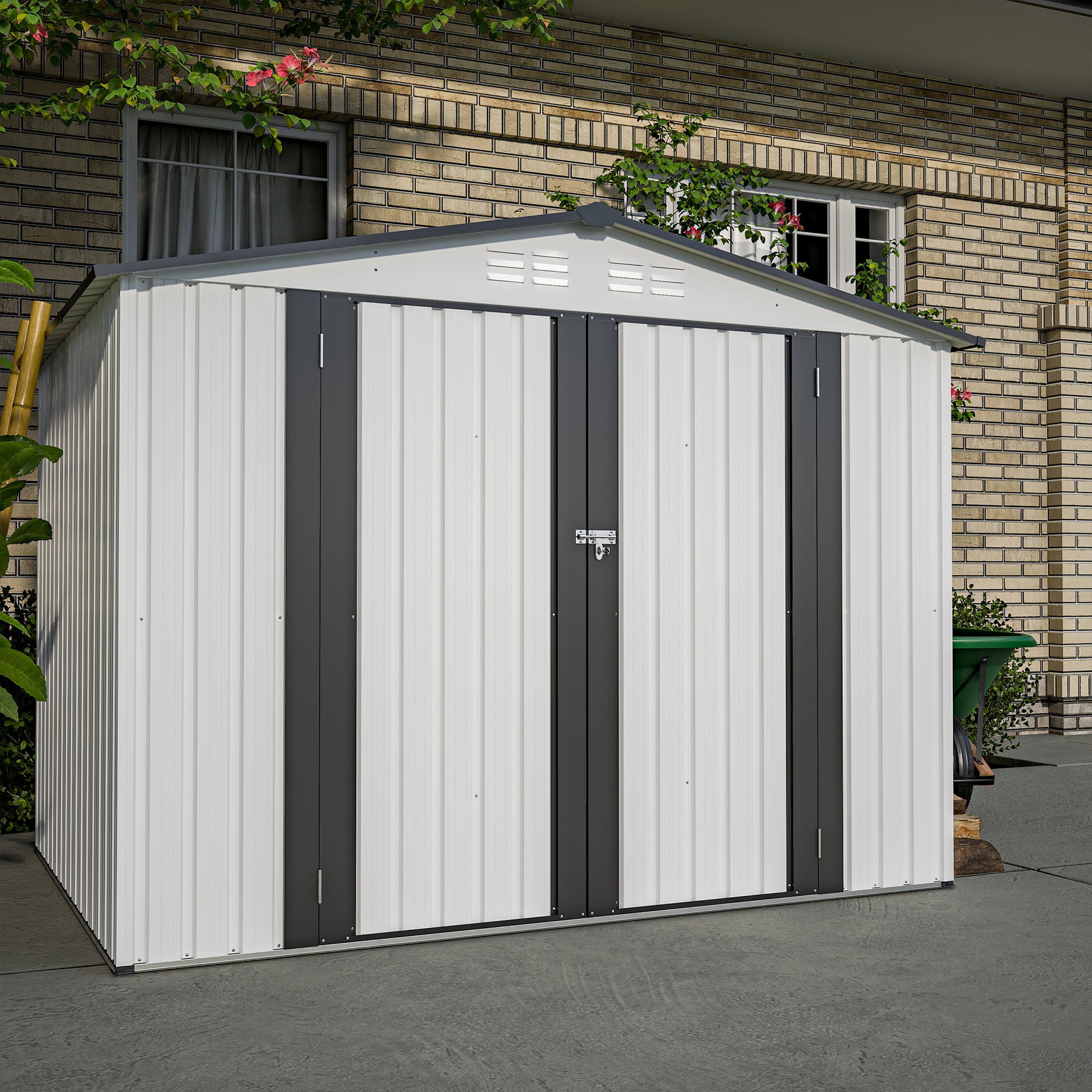White metal storage shed with double doors ideal for garden tools
