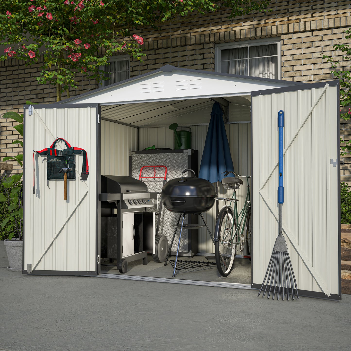 Outdoor storage shed filled with gardening tools a bicycle and grills