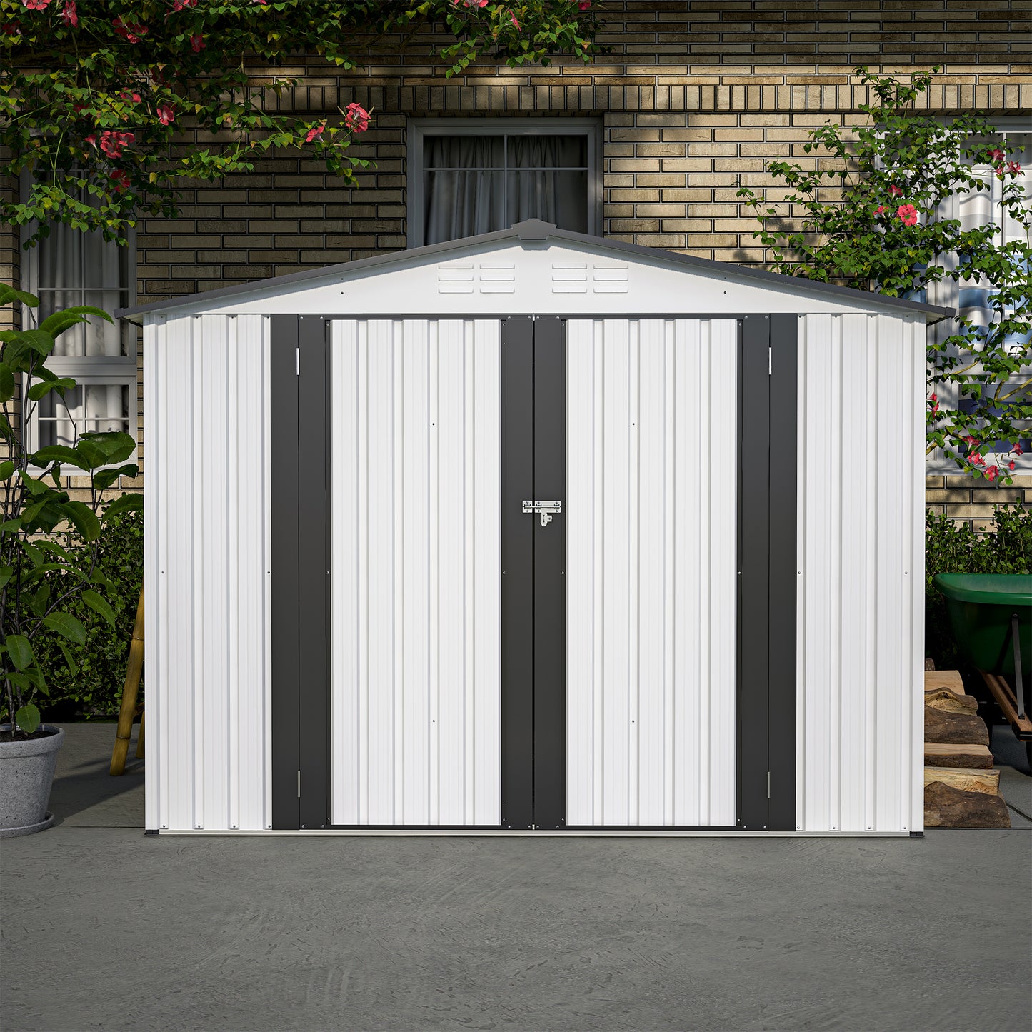 White metal garden shed with double dark grey doors and pitched roof ideal for outdoor storage