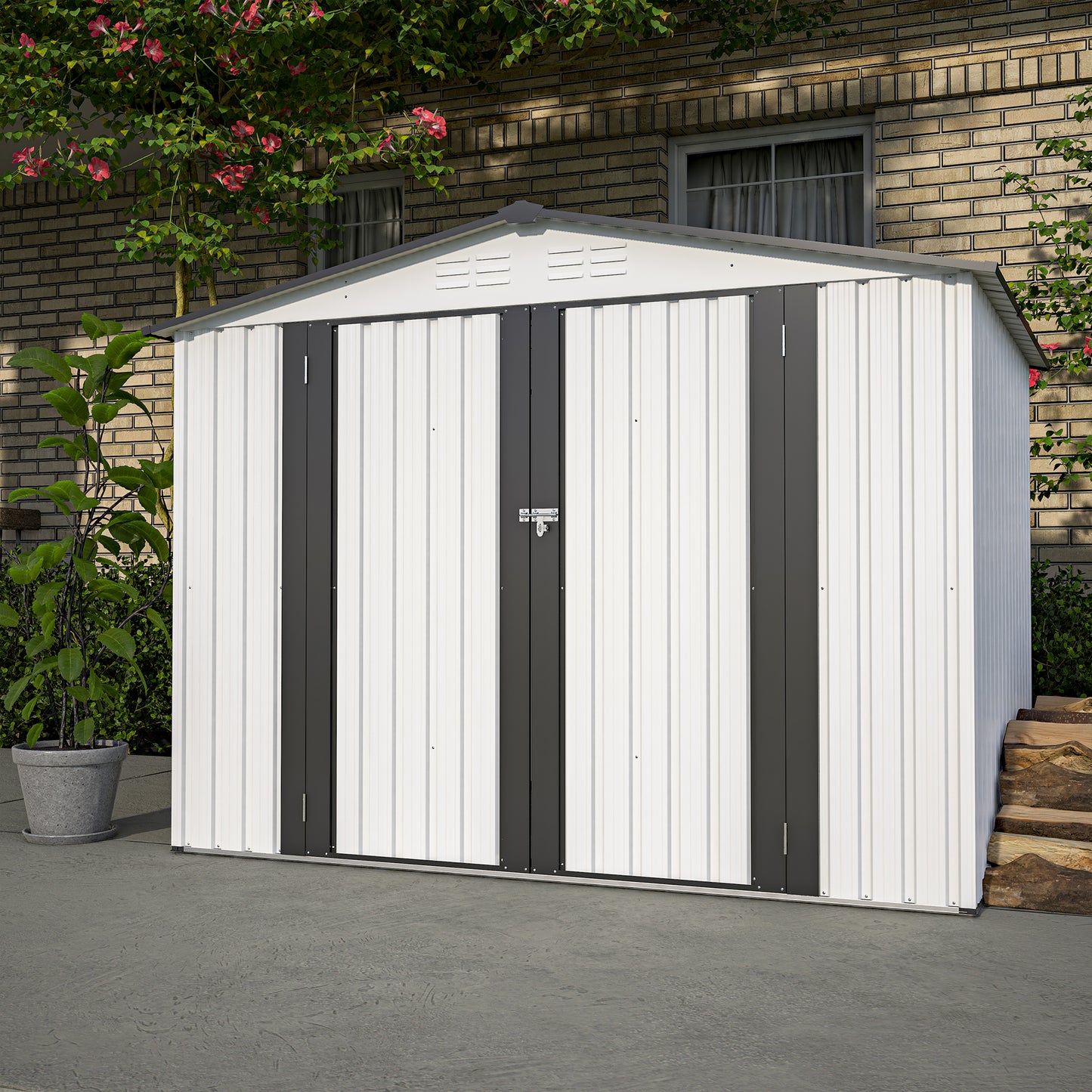 White metal garden shed with double doors and a lock latch