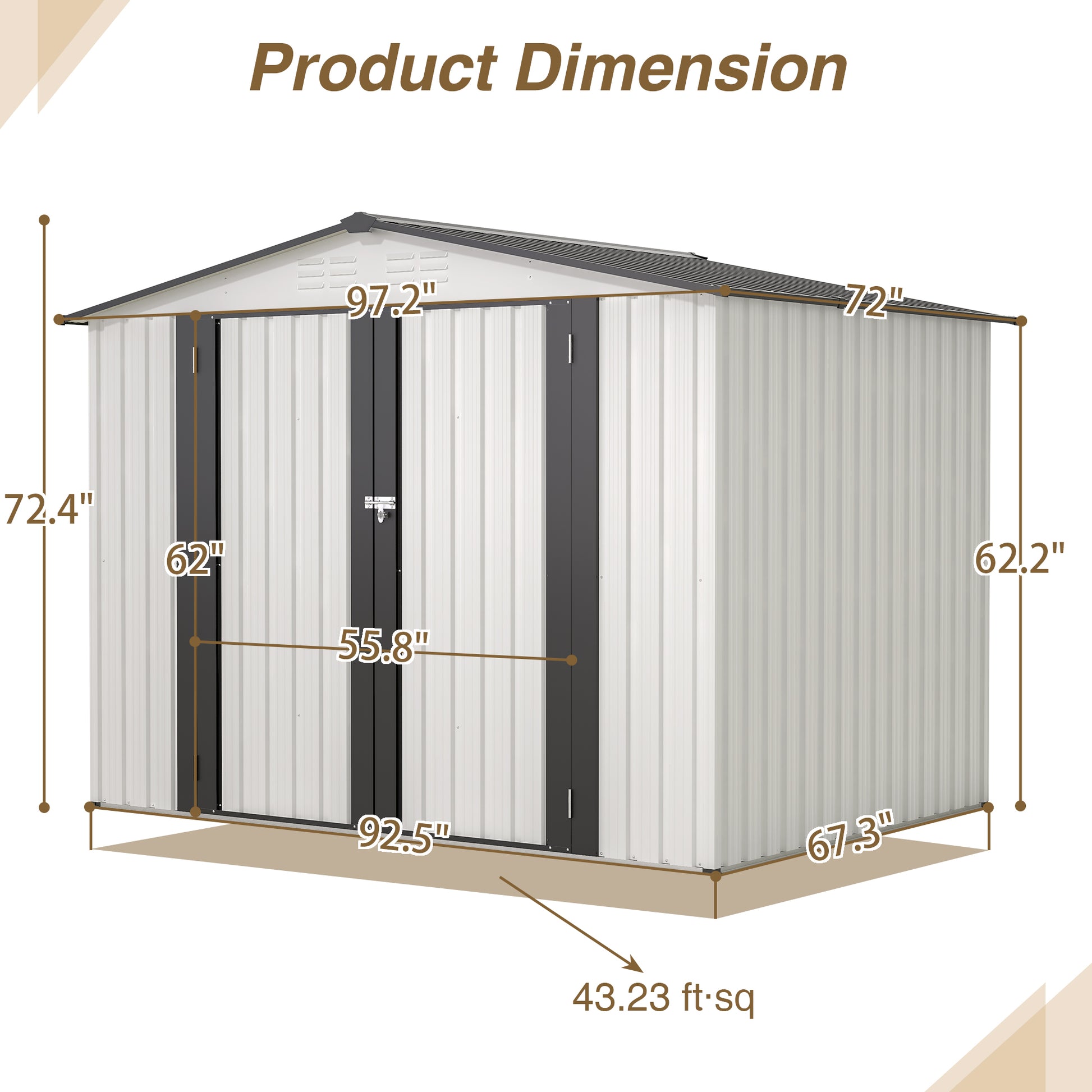 White metal storage shed with double doors and visible dimensions