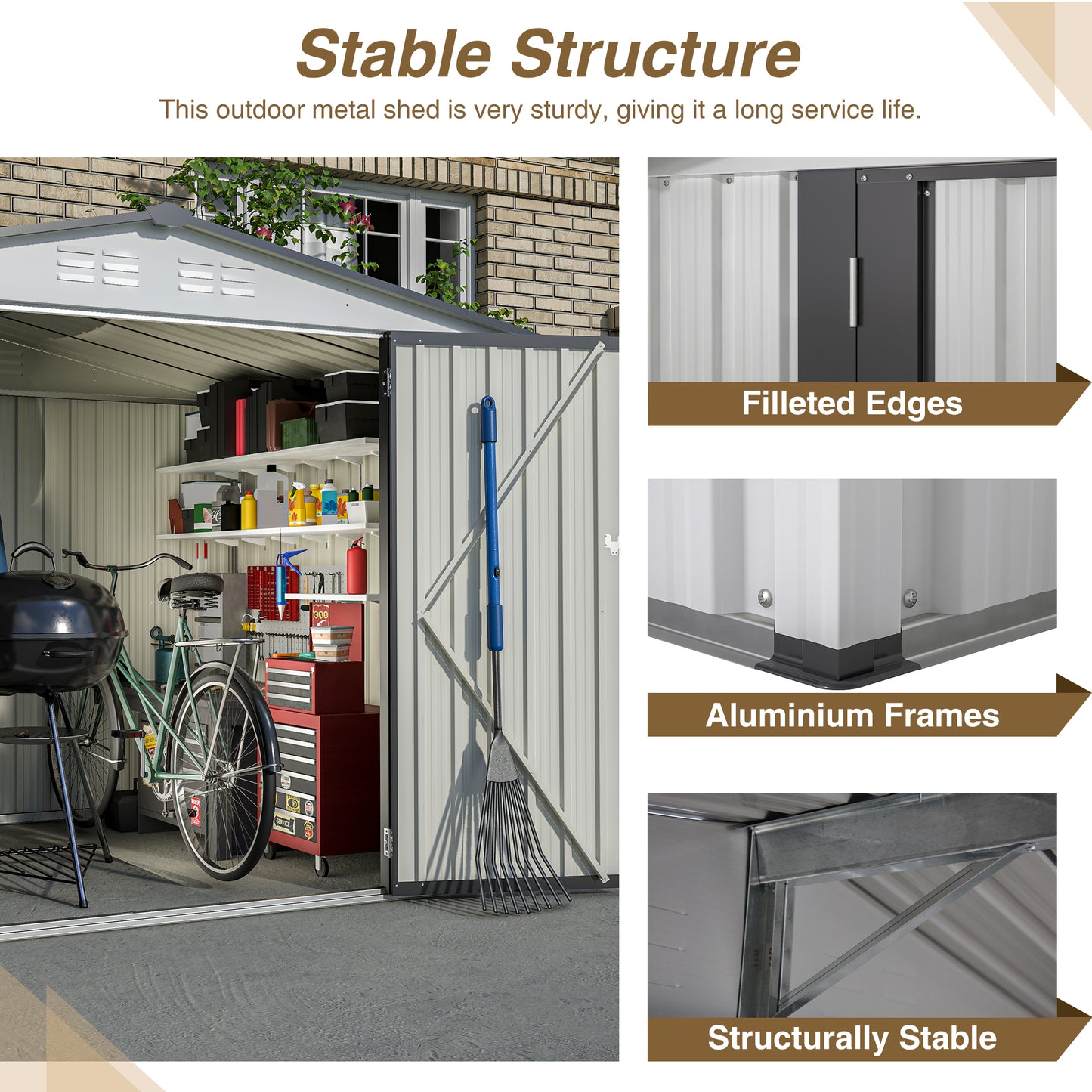 Grey metal outdoor shed with double doors bicycle and charcoal grill inside
