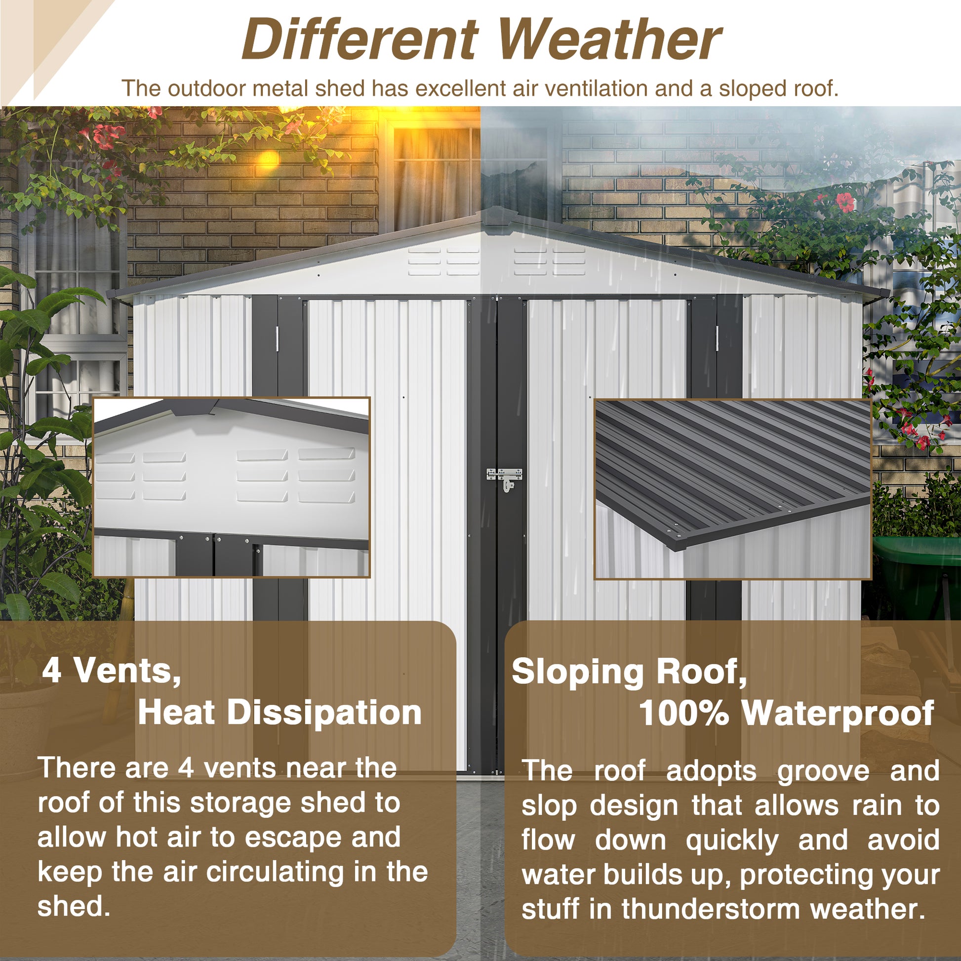 White metal storage shed with double doors and four roof vents for ventilation