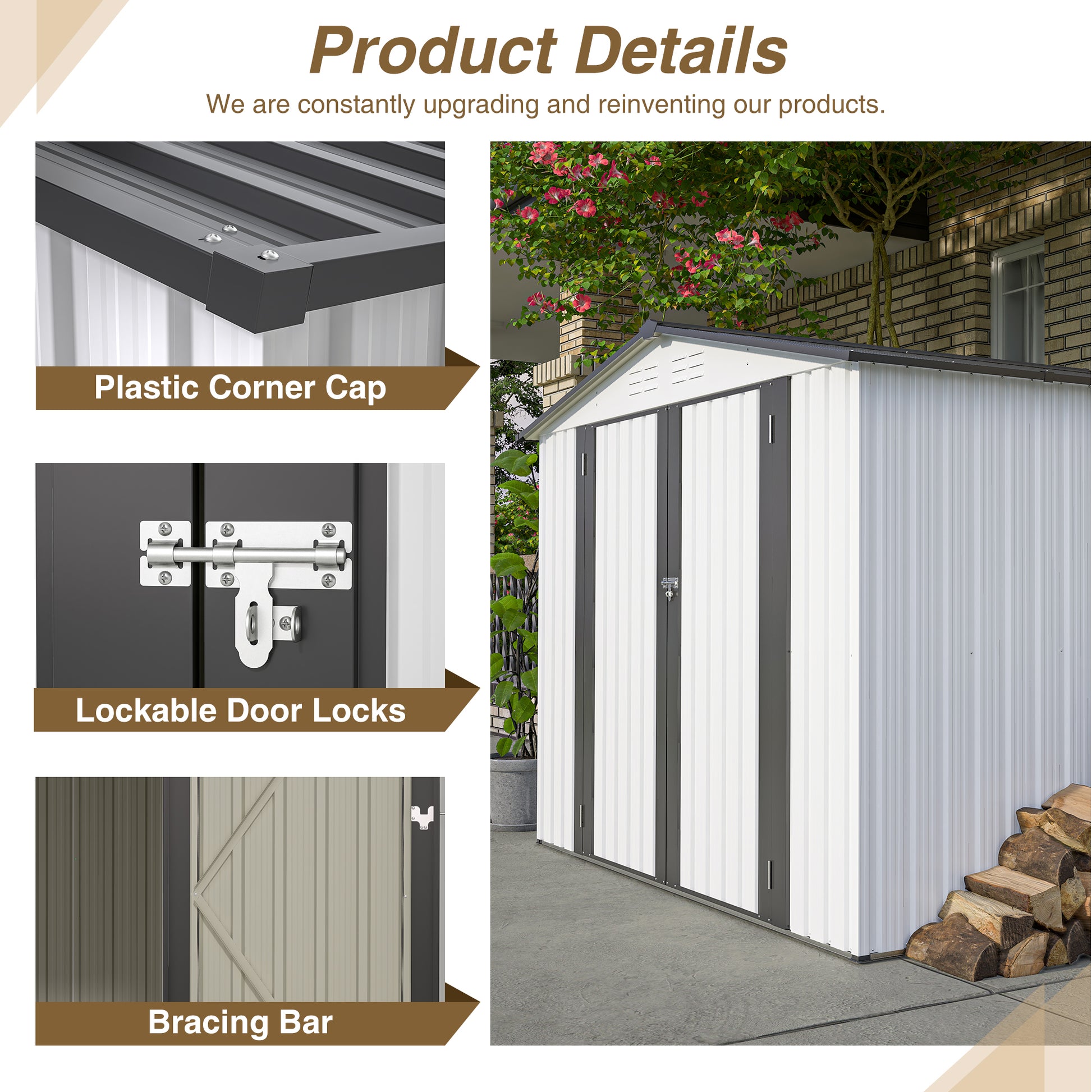 White metal storage shed with grey trim and lockable doors ideal for garden organization