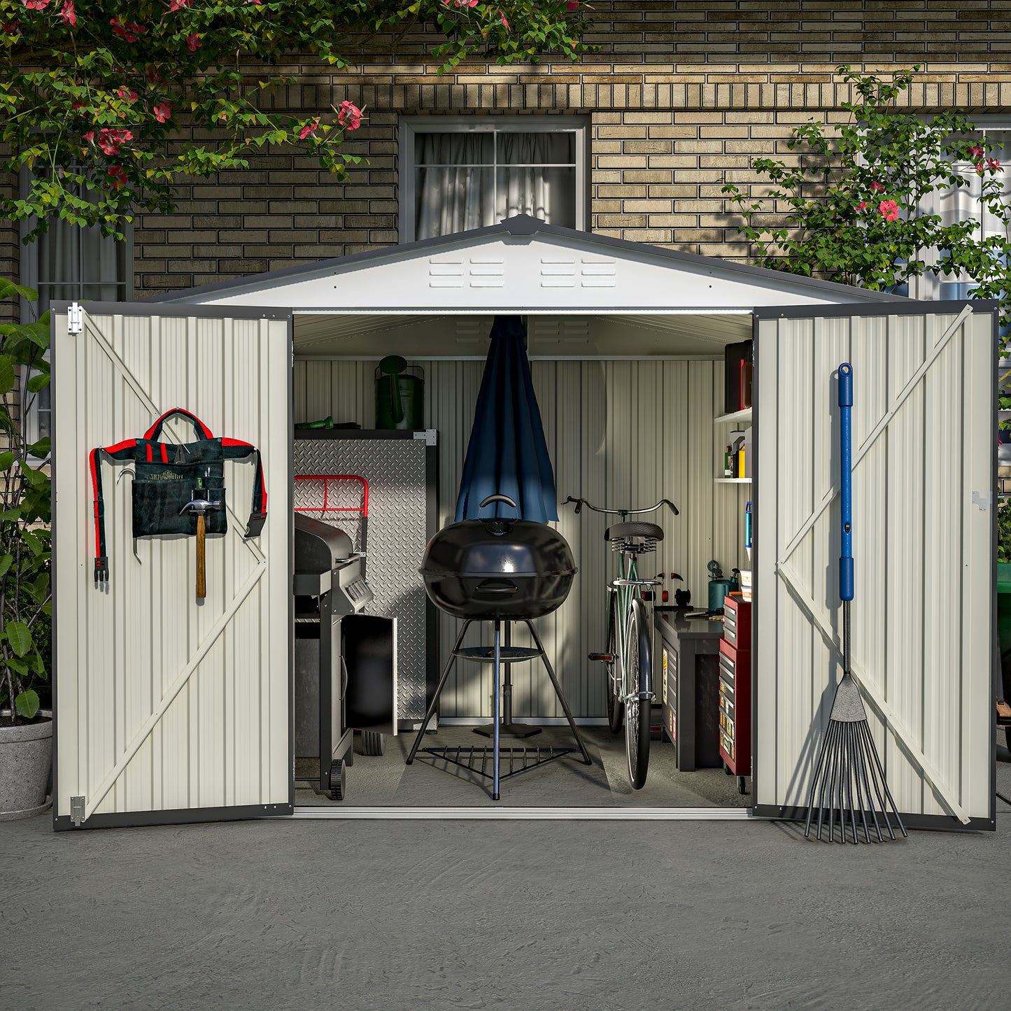 Cream metal garden shed interior with barbecue bicycle and tools storage