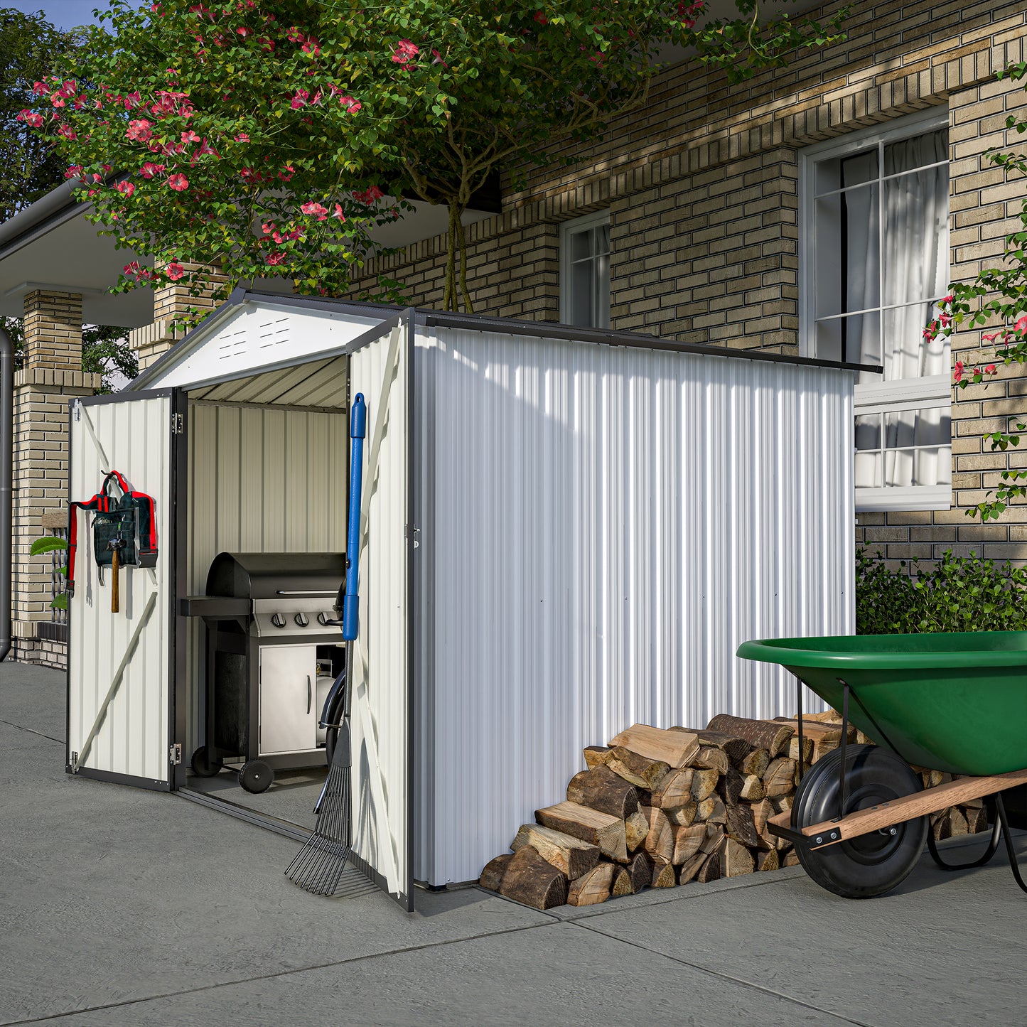Outdoor metal shed storing a grill rake and gardening tools x size