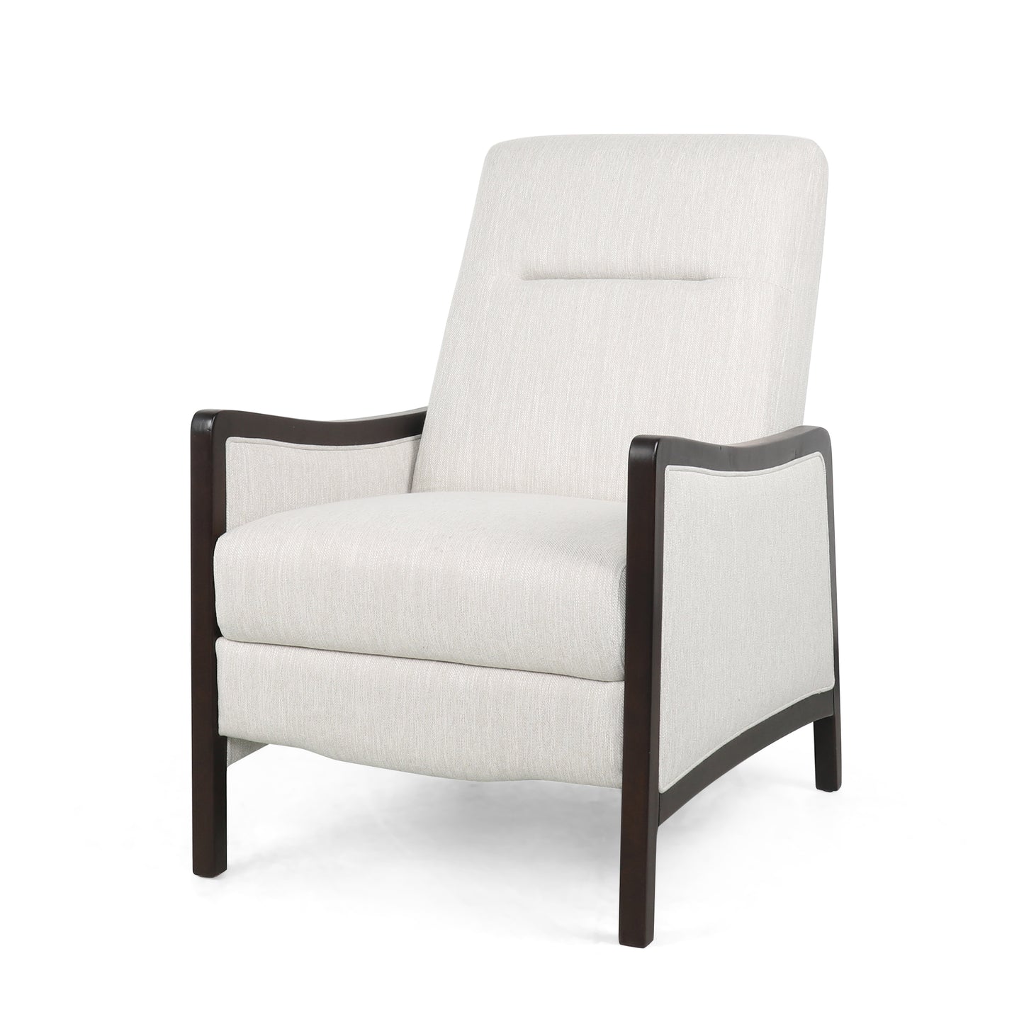 Offwhite linen armchair with dark wood frame and padded seat