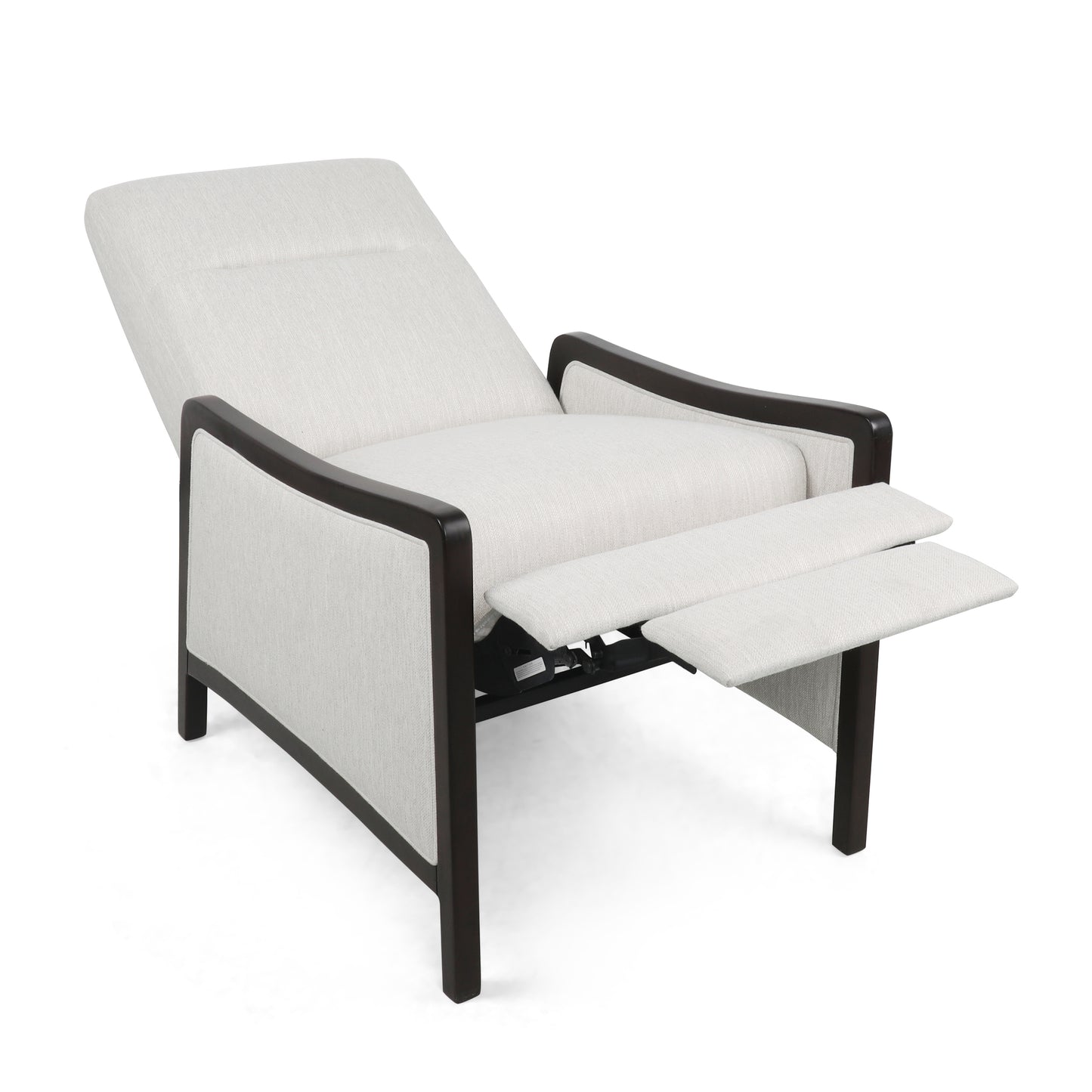 Cream fabric recliner chair with dark wood accents and extended footrests ideal for living rooms