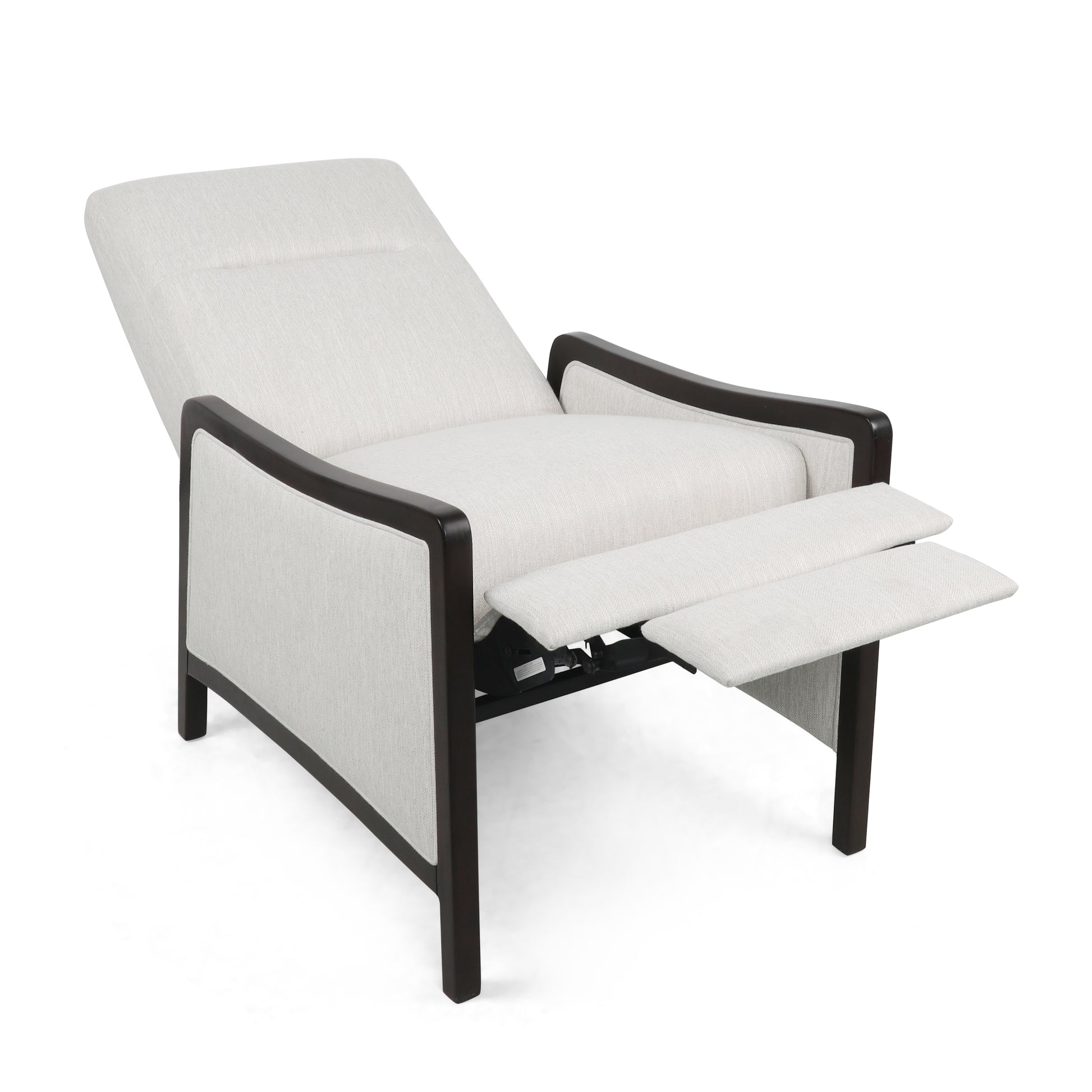 Cream fabric recliner chair with dark wood accents and extended footrests ideal for living rooms