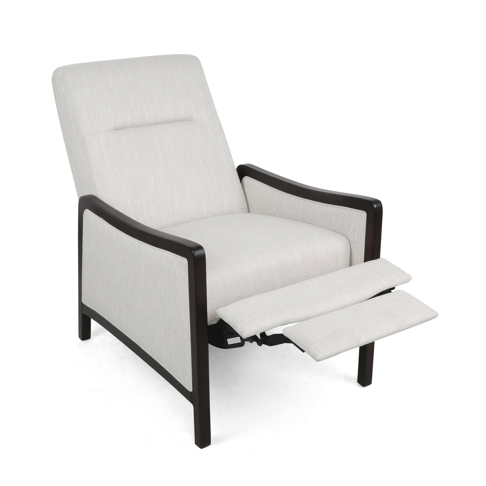 Cream upholstered reclining chair with dark wood accents and extended footrest