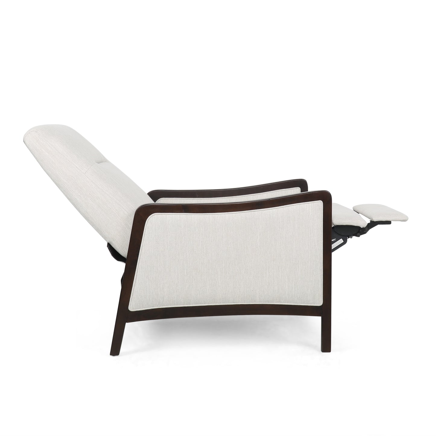 Reclining armchair in cream fabric with dark wood frame
