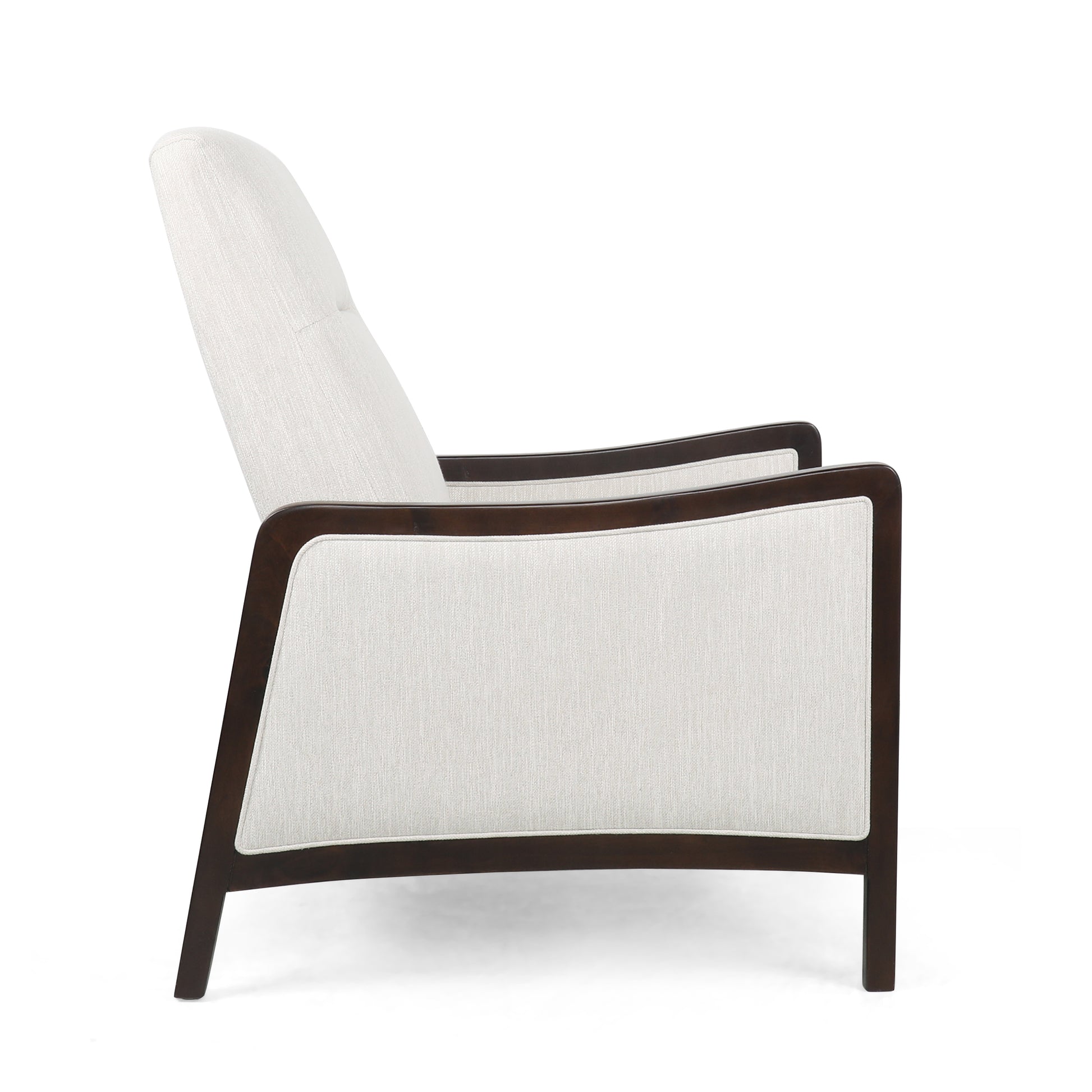 Modern armchair with light upholstery and dark wood frame perfect for living rooms