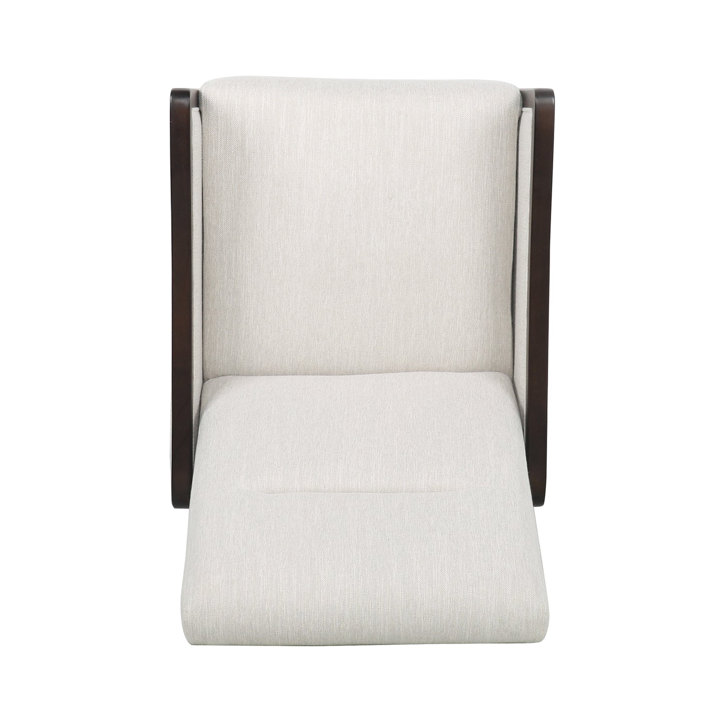 Upholstered recliner with light cream fabric and dark wood frame