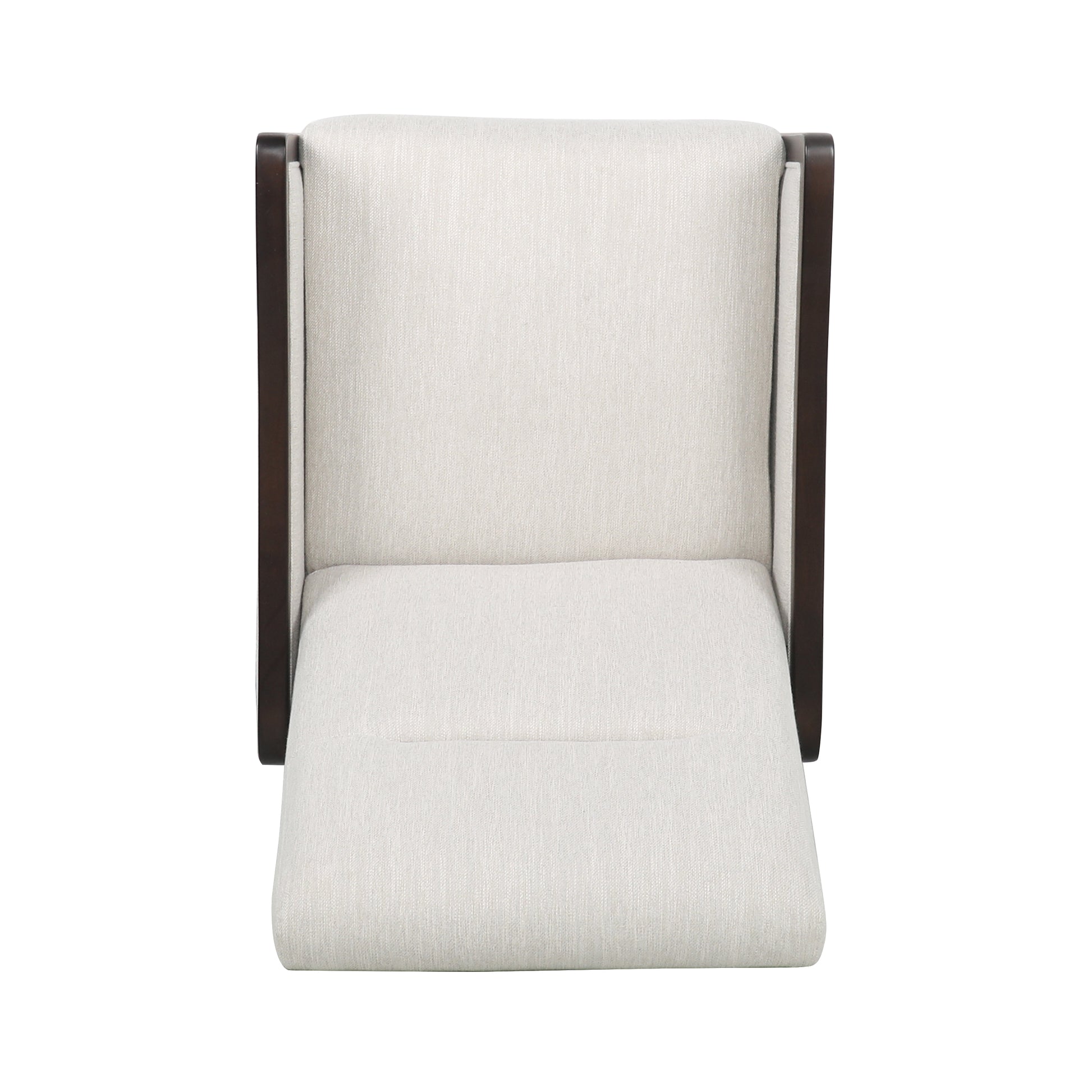 Upholstered recliner with light cream fabric and dark wood frame