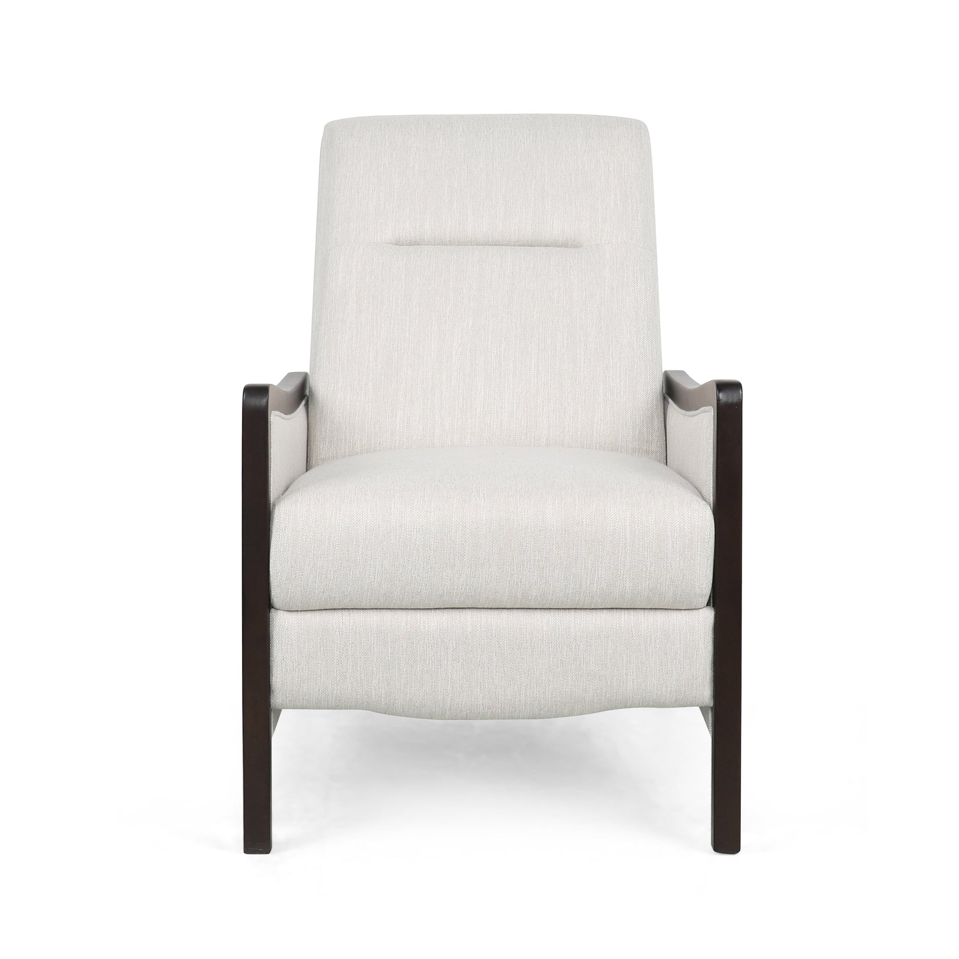 Cream upholstered armchair with dark wood arms modern style