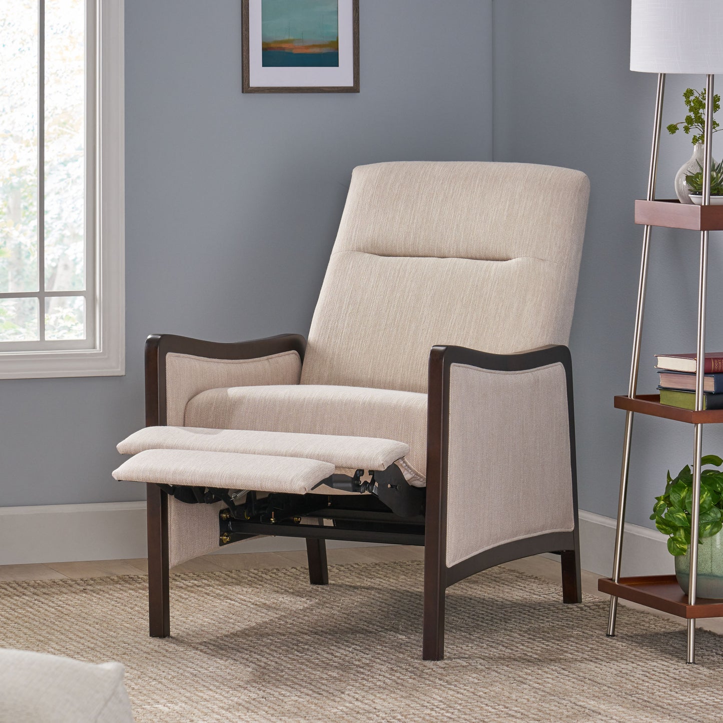 Beige recliner chair with wooden arms and extended footrest perfect for living rooms