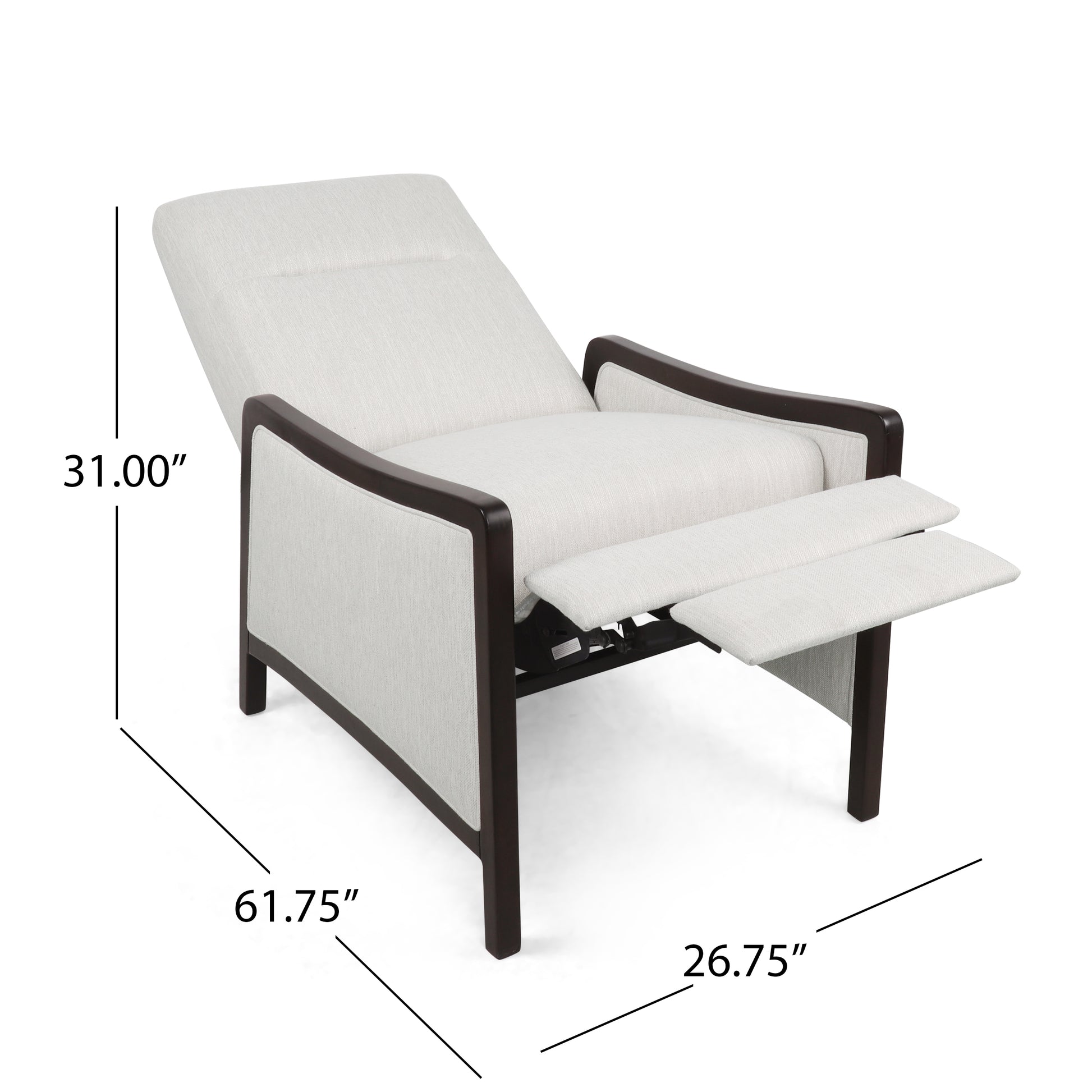 Cream linen recliner chair with dark wood arms and extended footrest