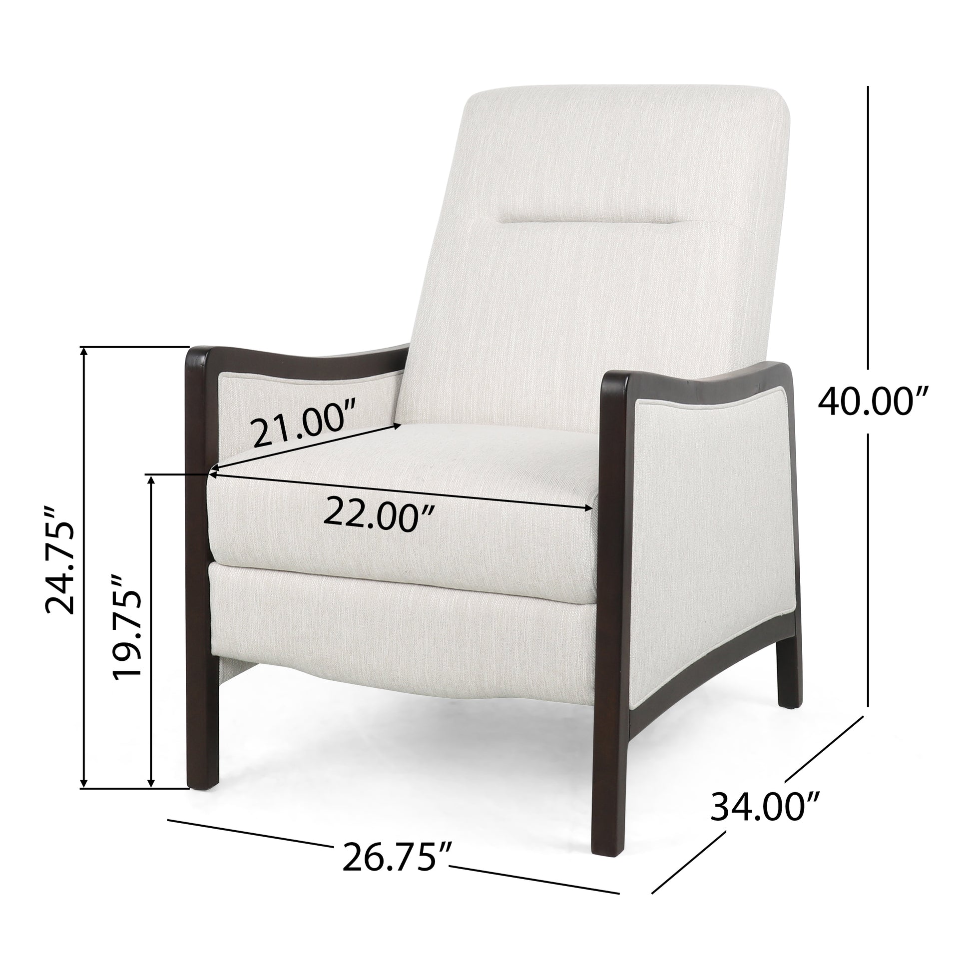 Cream upholstered recliner chair with dark wood arms  W x  D x  H