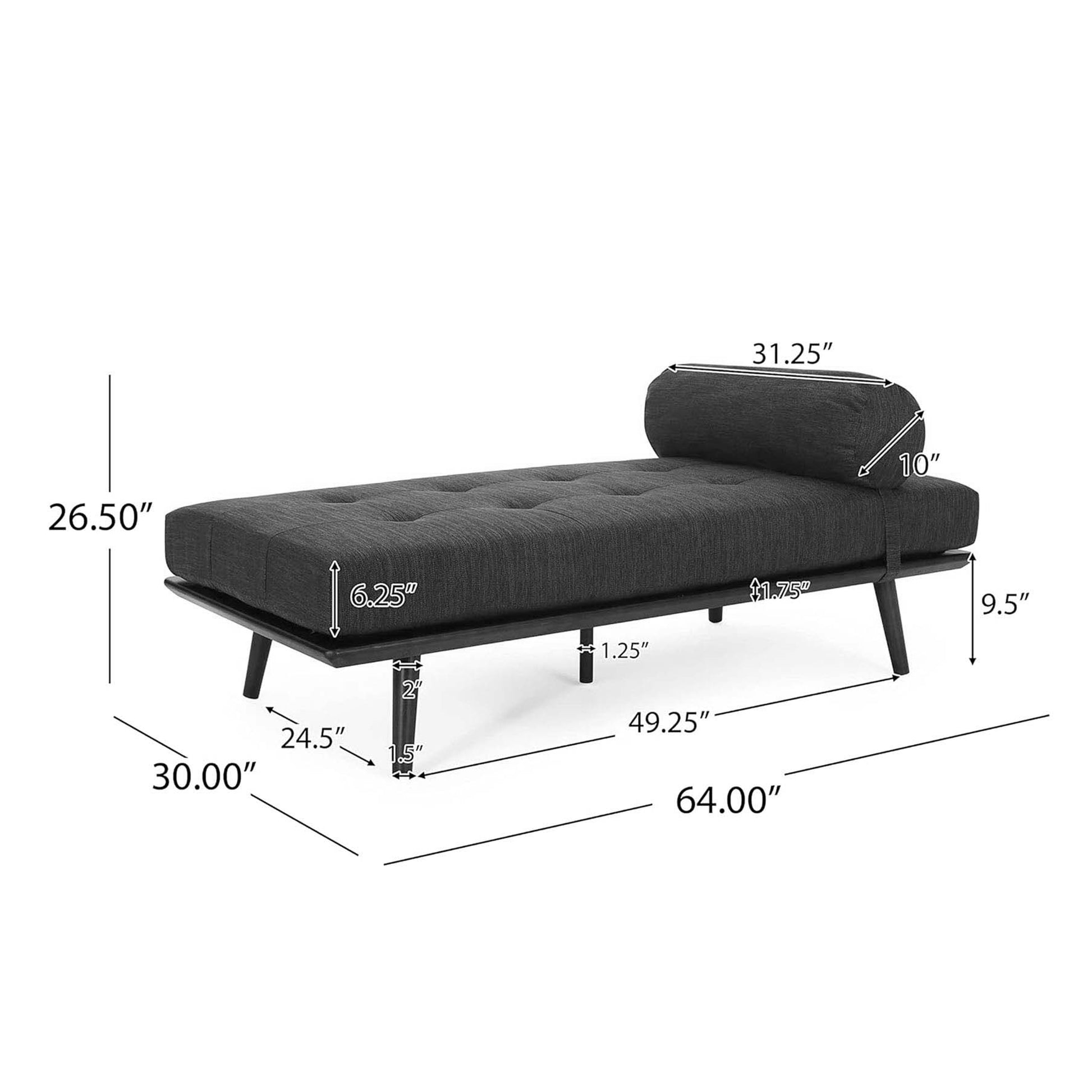 Tufted charcoal grey fabric chaise lounge with cylindrical bolster pillow and tapered legs for modern living spaces