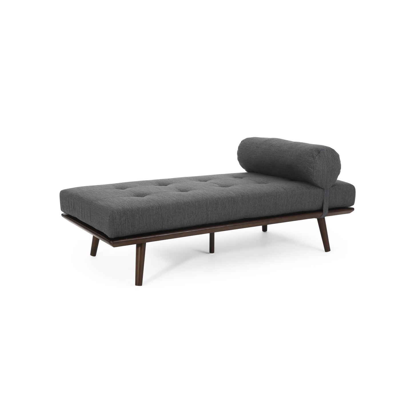 Tufted grey fabric daybed with a dark wood frame and a bolster pillow modern style