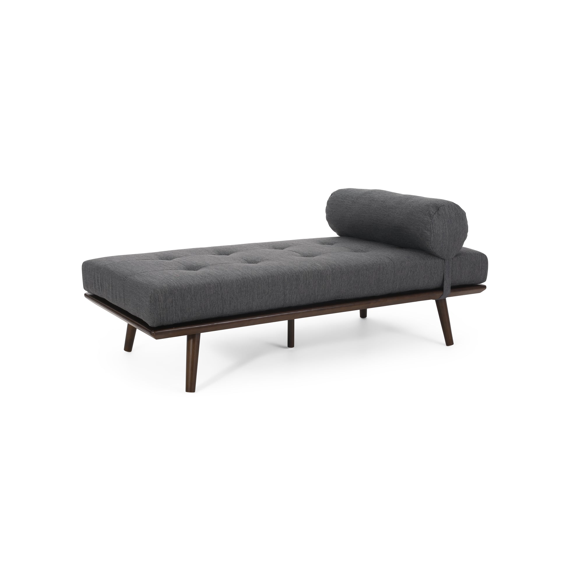 Tufted grey fabric daybed with a dark wood frame and a bolster pillow modern style