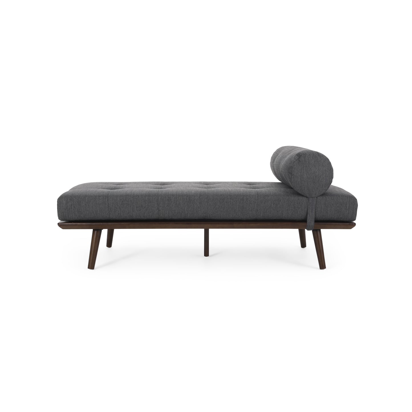 Grey fabric tufted daybed with wooden legs and bolste