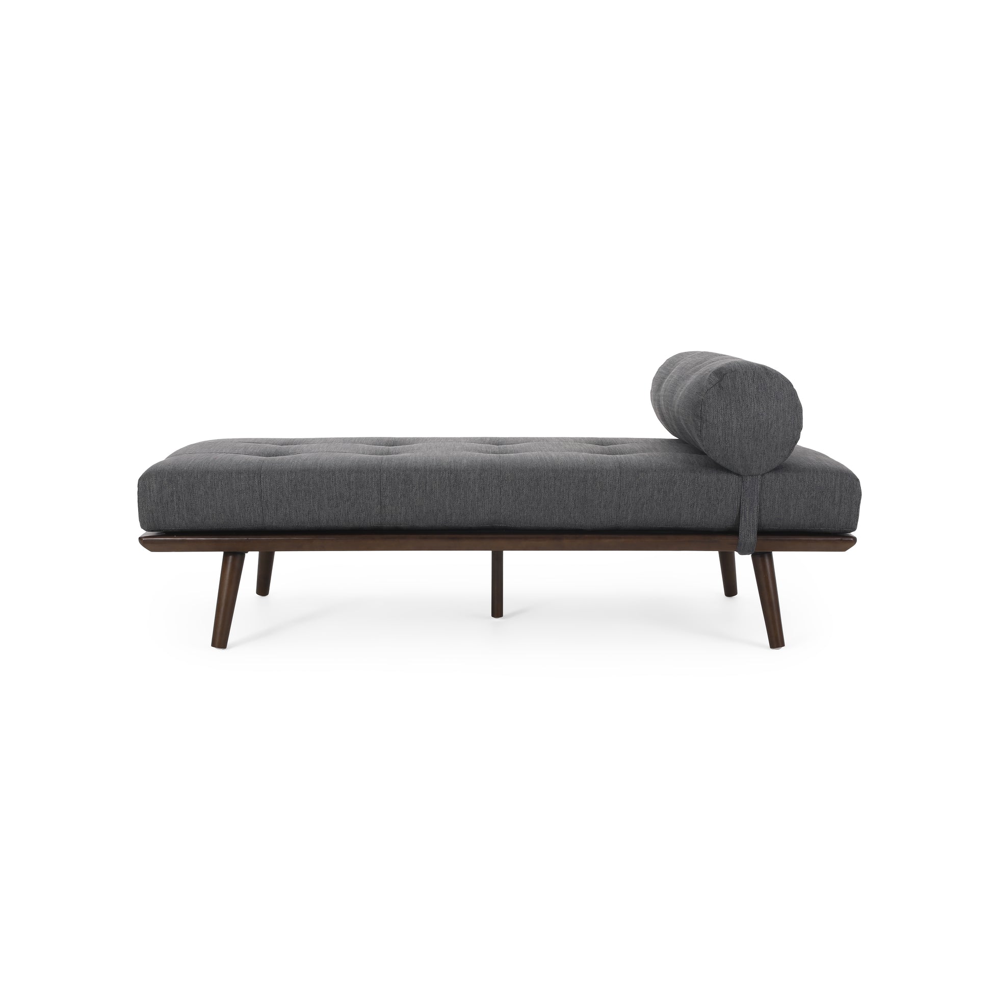 Grey fabric tufted daybed with wooden legs and bolste