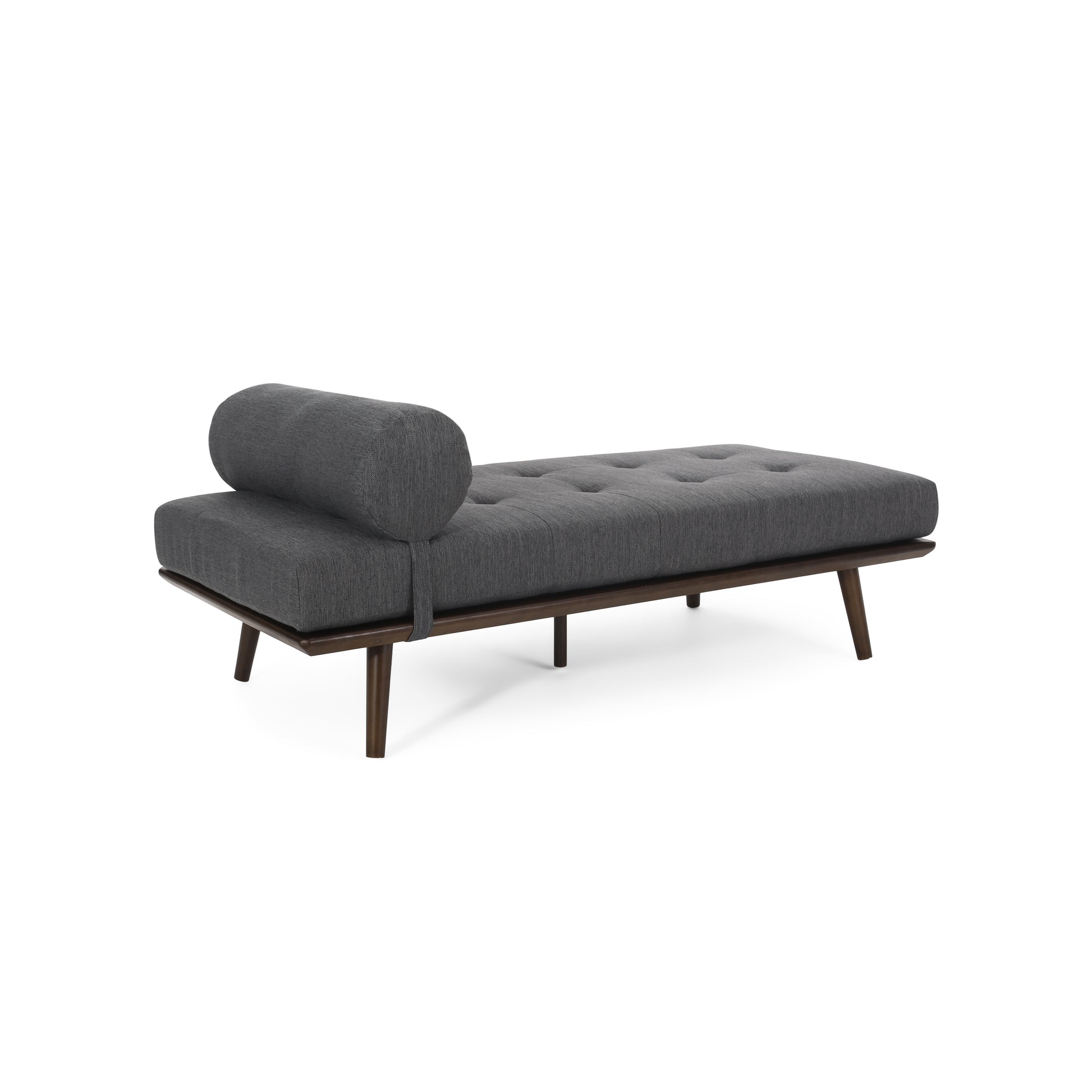 Midcentury modern charcoal grey fabric daybed with tufted seat and wooden legs